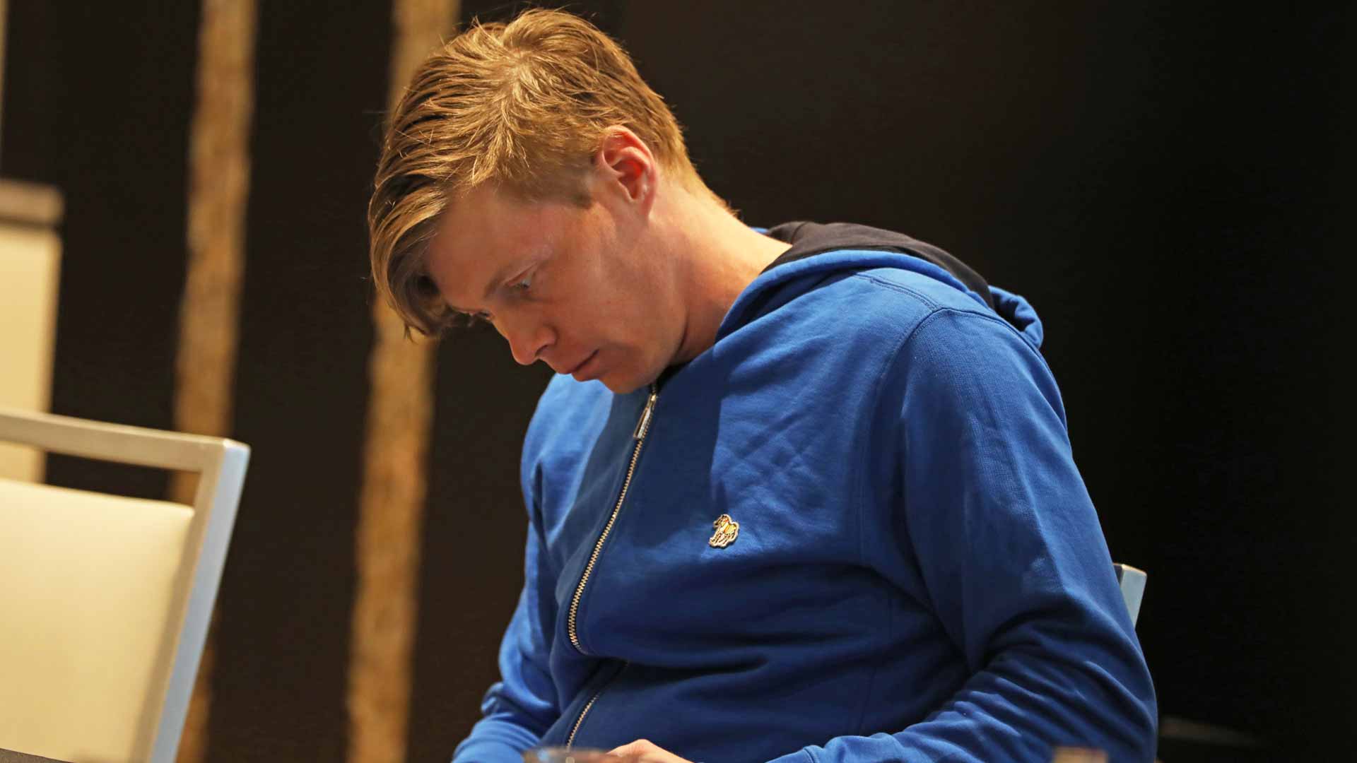 Harri Heliovaara takes notes during Monday's ATP Player Advisory Council Meeting.