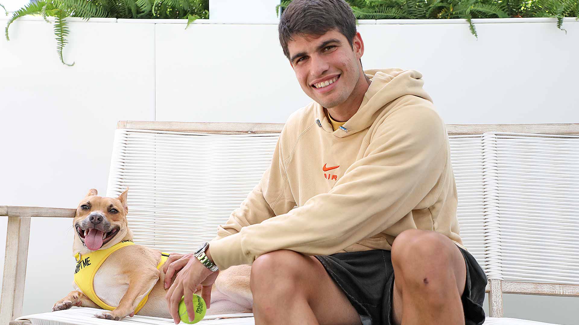 Carlos Alcaraz posa para una foto con Brisket, de la Humane Society of Greater Miami.