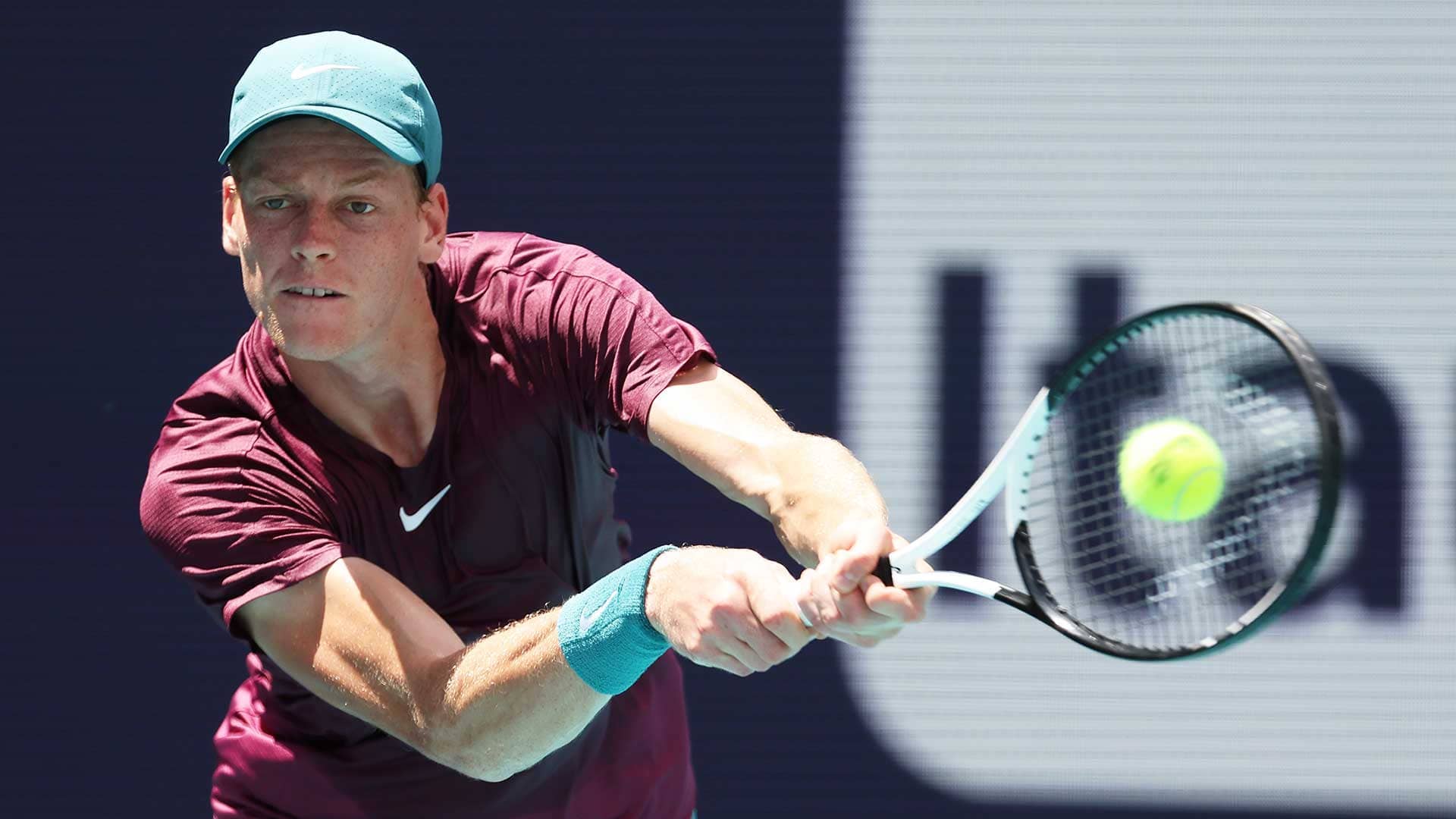 Jannik Sinner in action during his final defeat against Daniil Medvedev on Sunday in Miami.