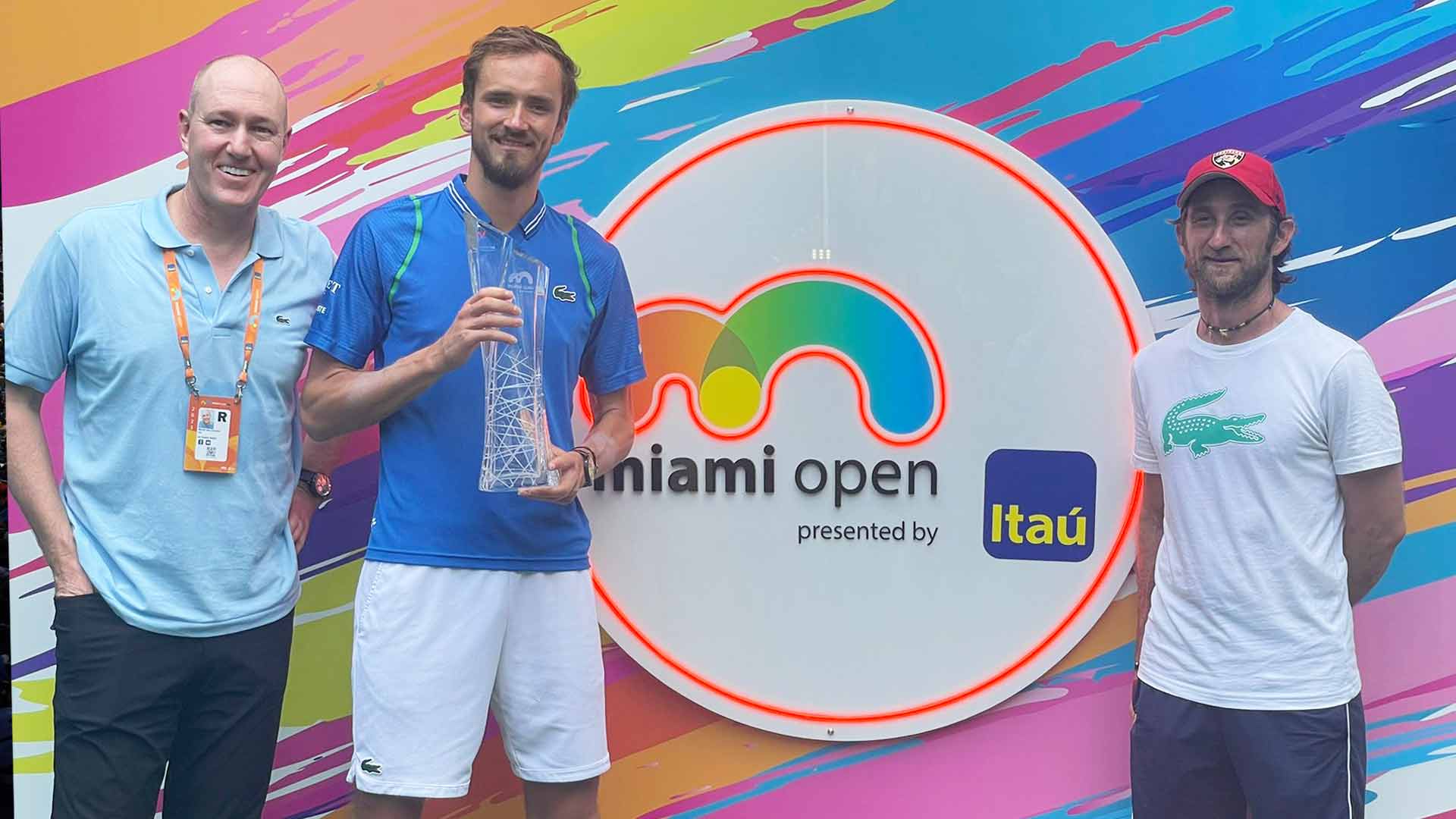 Agent Olivier van Lindonk, Daniil Medvedev and his coach, Gilles Cervara celebrate after the Miami final.