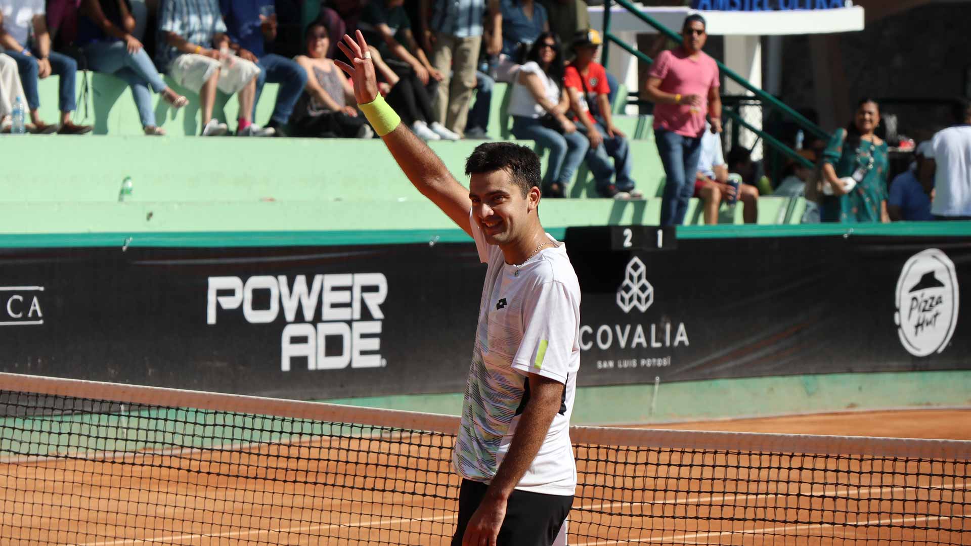 <a href='https://www.atptour.com/en/players/tomas-barrios-vera/bs86/overview'>Tomas Barrios Vera</a> celebrates winning the San Luis Open.