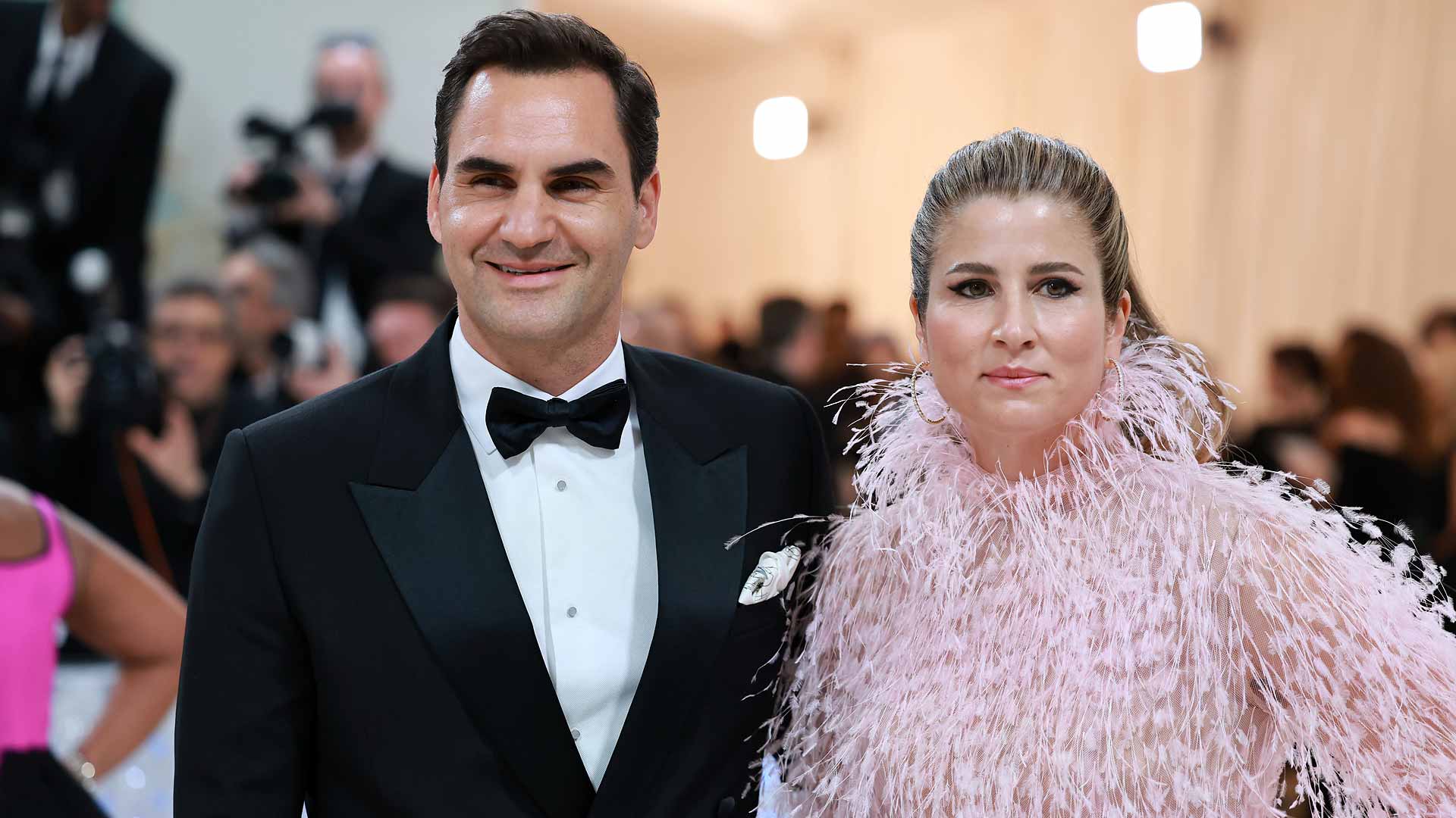 Roger Federer and Mirka Federer pose at the 2023 Met Gala.