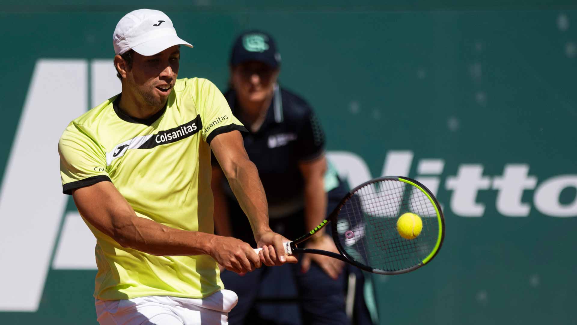 <a href='https://www.atptour.com/en/players/daniel-elahi-galan/ge33/overview'>Daniel Elahi Galan</a> during opening-round action in Cagliari, Italy.