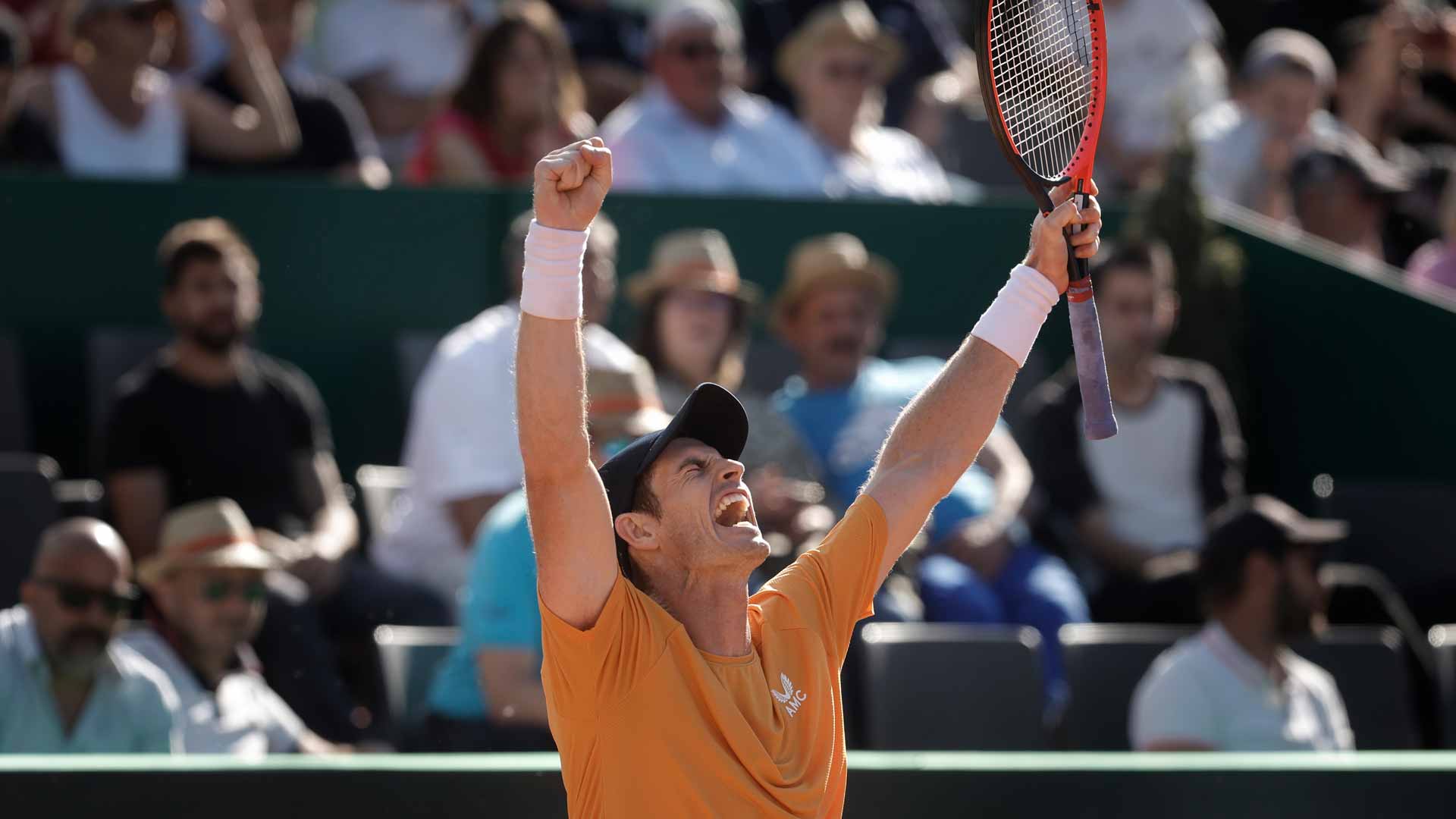 <a href='https://www.atptour.com/en/players/andy-murray/mc10/overview'>Andy Murray</a> celebrates a quarter-final victory at the Aix-en-Provence Challenger.