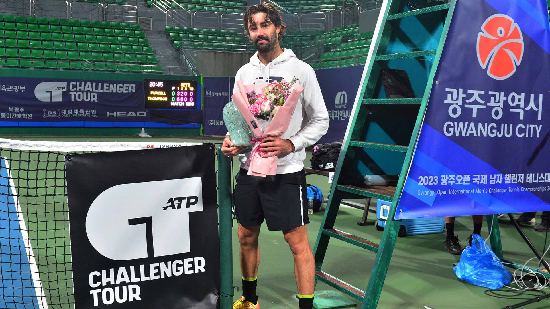 <a href='https://www.atptour.com/en/players/jordan-thompson/tc61/overview'>Jordan Thompson</a> is crowned champion at the Challenger 75 event in Gwangju.