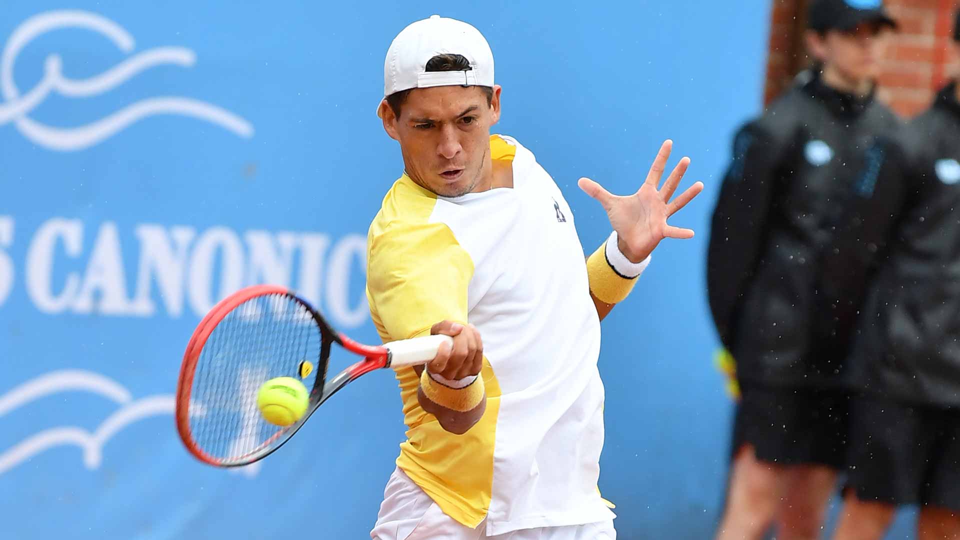 <a href='https://www.atptour.com/en/players/sebastian-baez/b0bi/overview'>Sebastian Baez</a> in action at the Challenger 175 event in Turin, Italy.