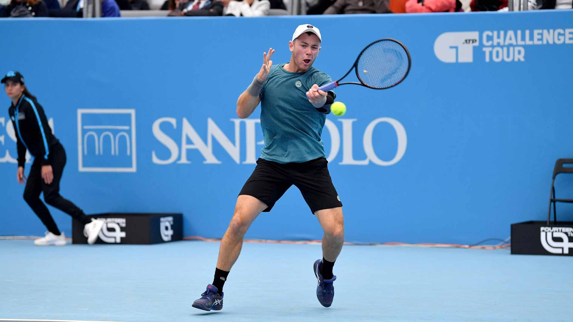 <a href='https://www.atptour.com/en/players/dominik-koepfer/ke73/overview'>Dominik Koepfer</a> during Saturday's Turin Challenger final.