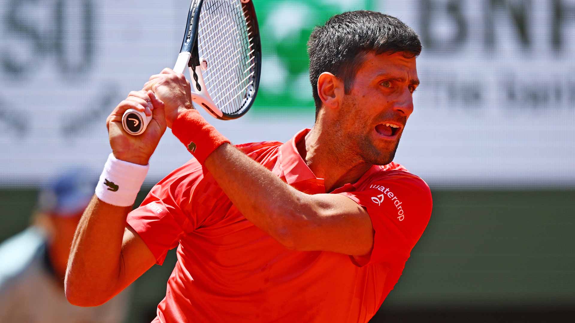 Novak Djokovic in action against Aleksandar Kovacevic on Monday at Roland Garros.