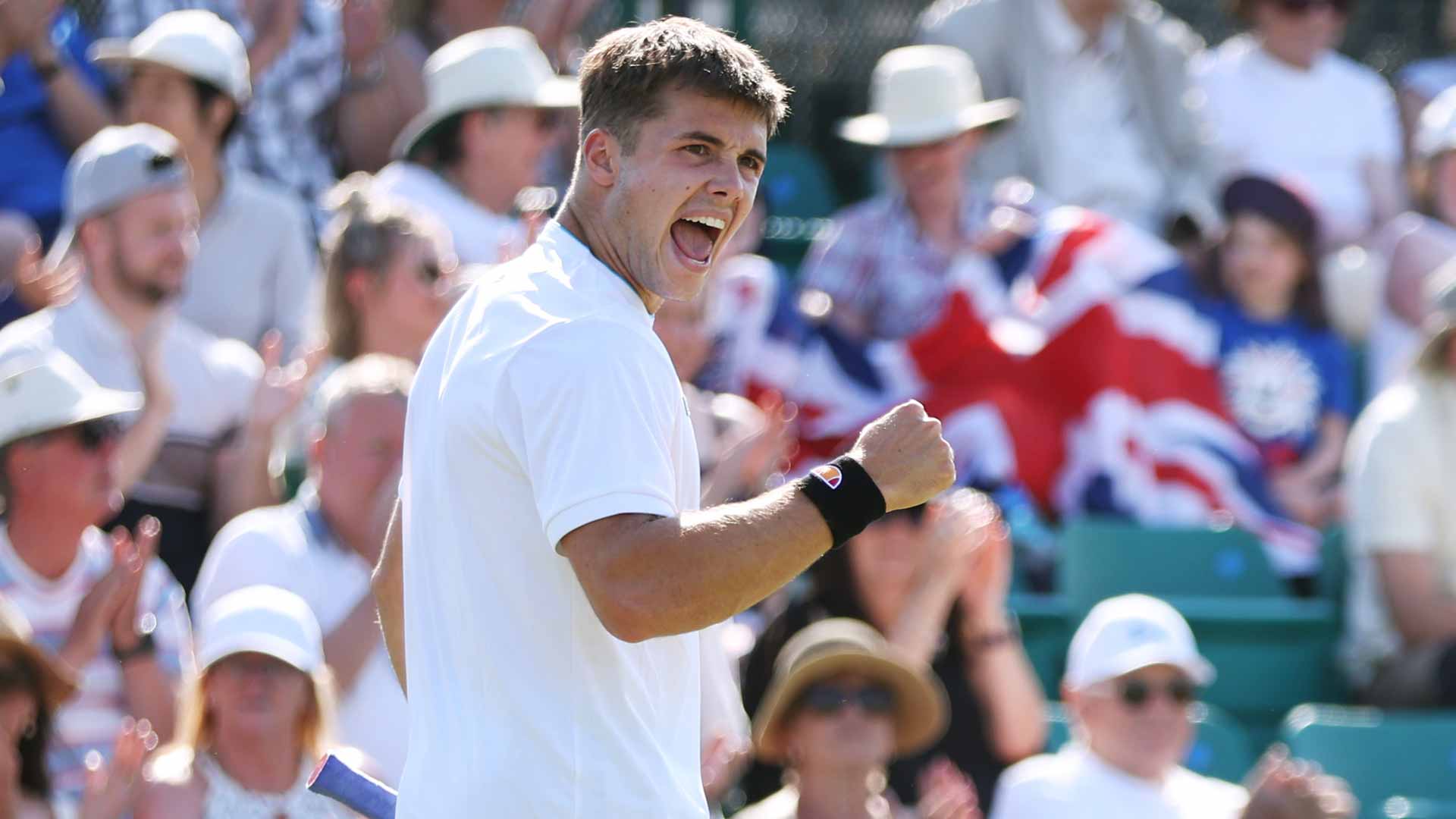 <a href='https://www.atptour.com/en/players/arthur-fery/f0dm/overview'>Arthur Fery</a> celebrates his first ATP Challenger Tour main-draw win in Nottingham.