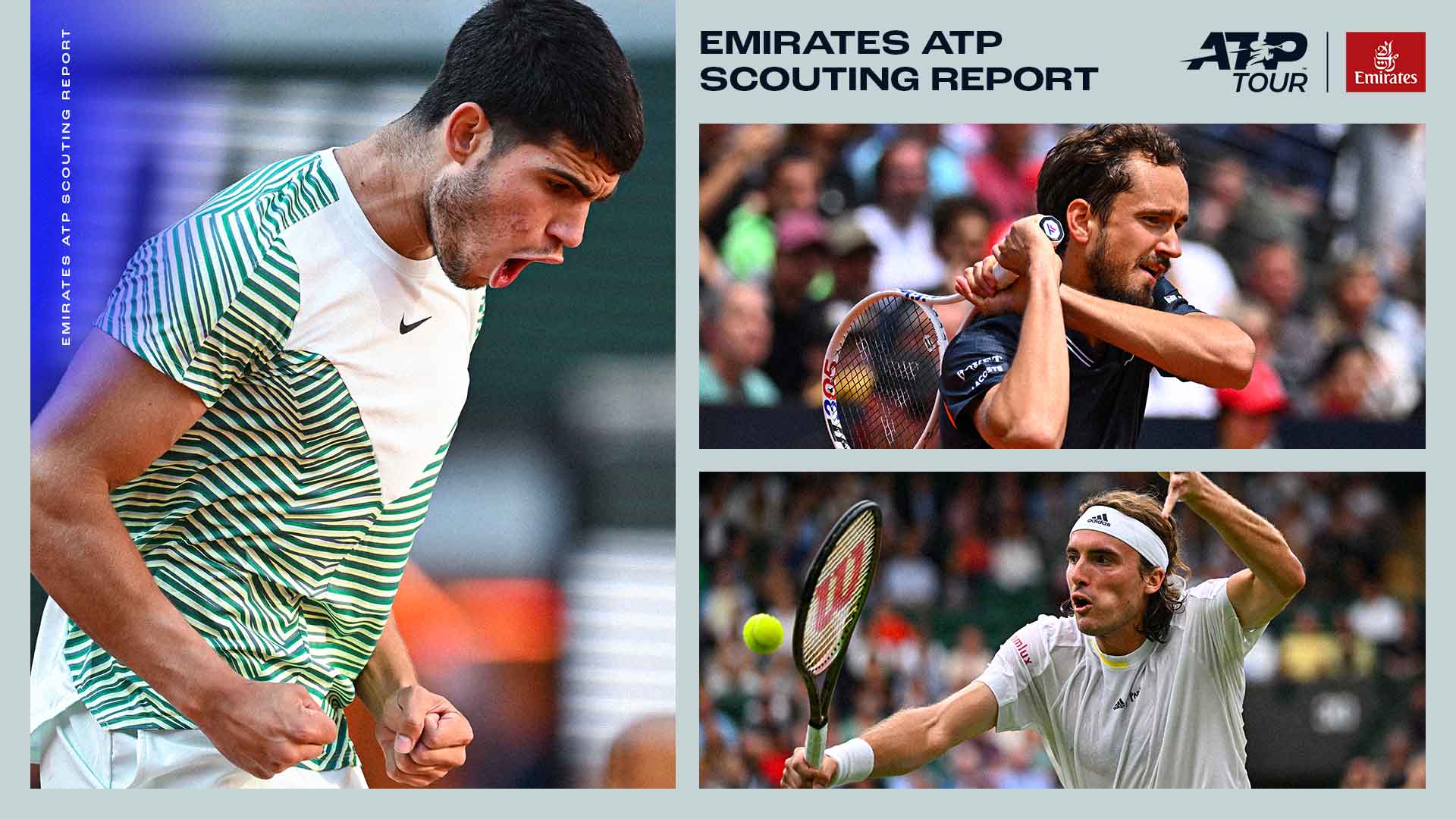 Carlos Alcaraz, Daniil Medvedev y Stefanos Tsitsipas juegan esta semana en el ATP Tour.