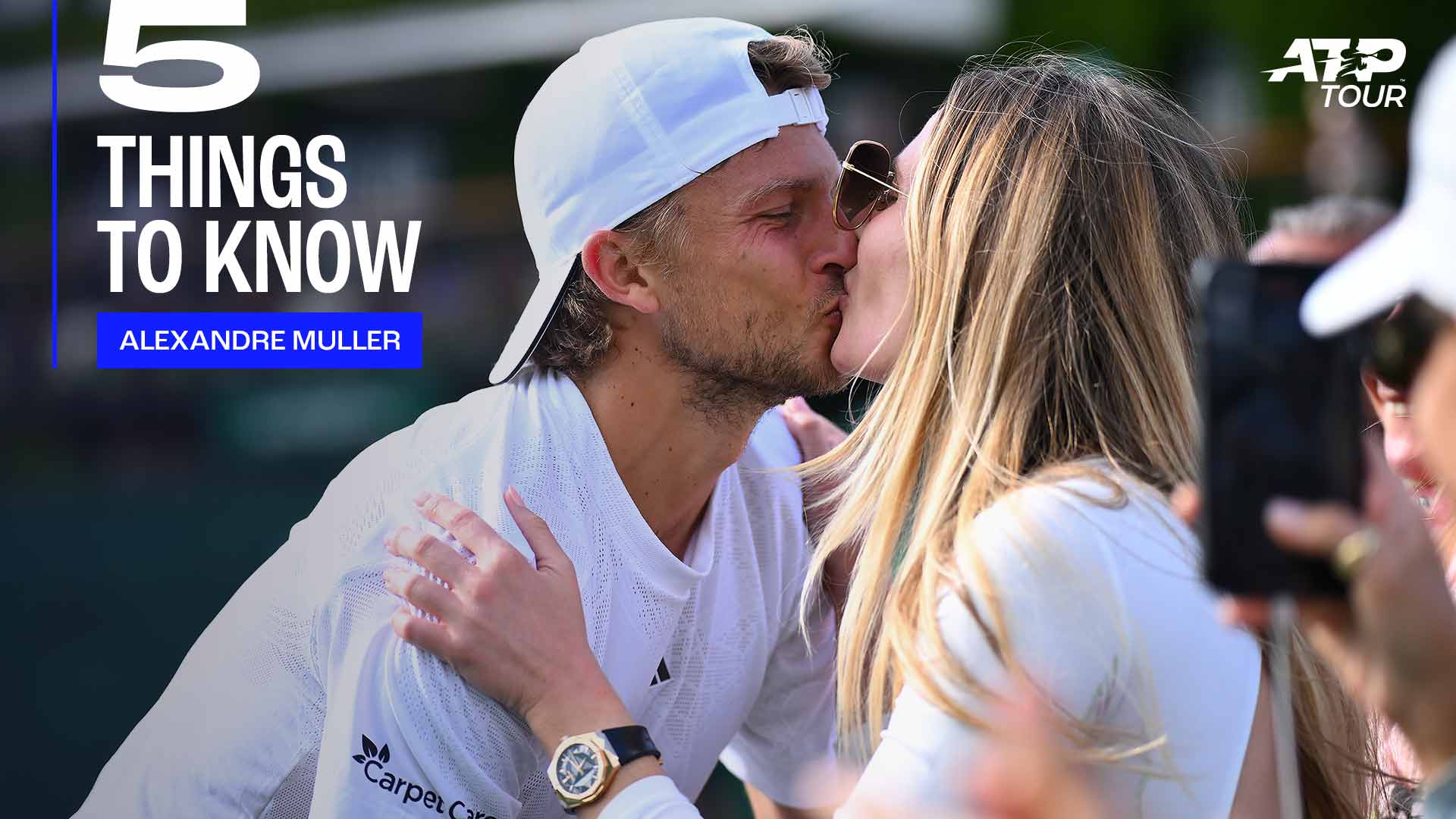Sealed with a kiss: Alexandre Muller celebrates his first-round win at Wimbledon with girlfriend Julie Démoulins.