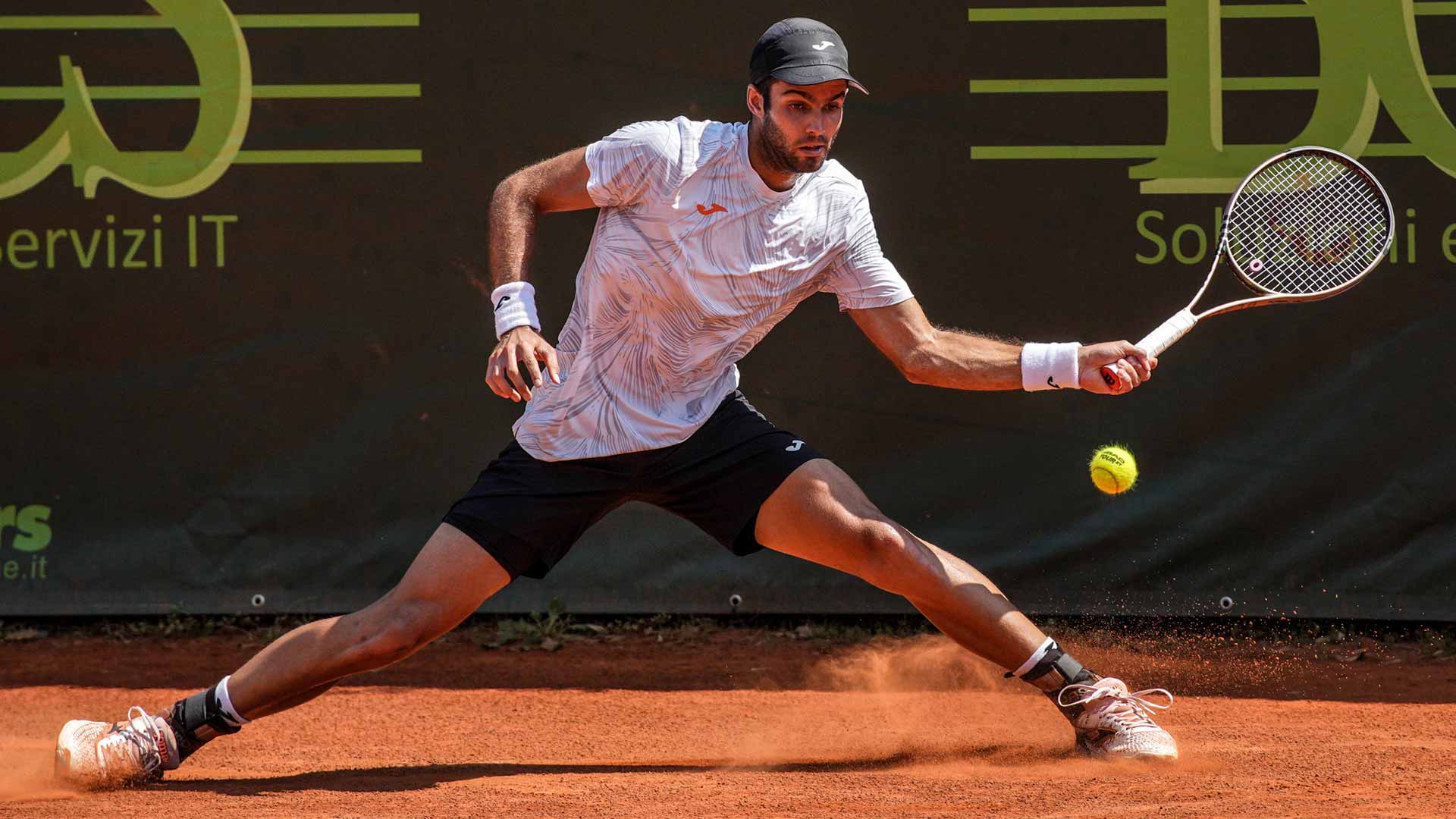 Facundo Diaz Acosta in action at the ATP Challenger Tour 75 event in Milan, Italy.