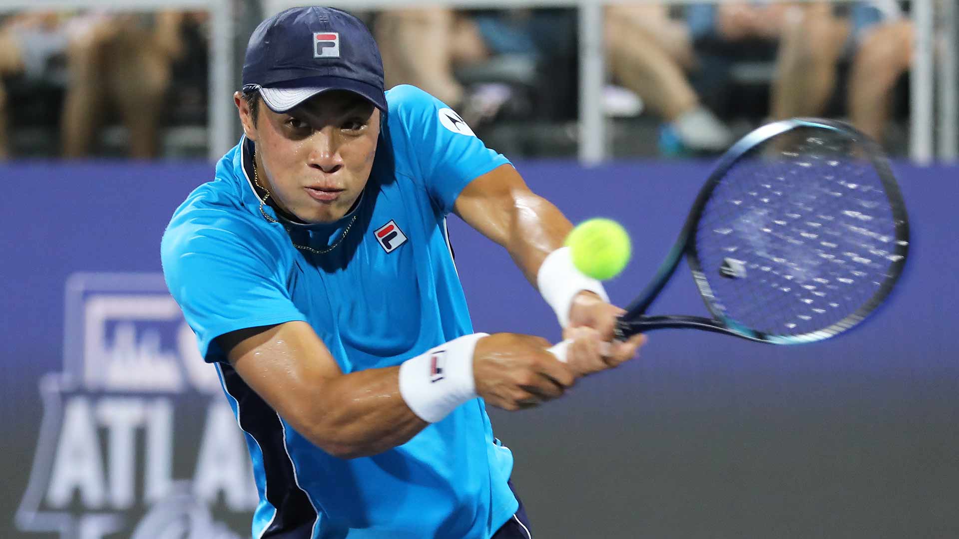 <a href='https://www.atptour.com/en/players/brandon-nakashima/n0ae/overview'>Brandon Nakashima</a> in action Wednesday at the <a href='https://www.atptour.com/en/scores/archive/atlanta/6116/2024/results'>Atlanta Open</a>.