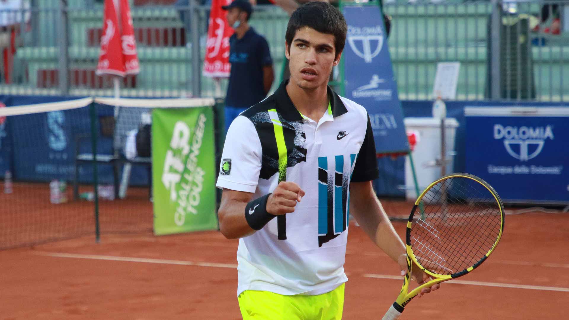 <a href='https://www.atptour.com/en/players/carlos-alcaraz/a0e2/overview'>Carlos Alcaraz</a> competes at the Cordenons Challenger in 2020.