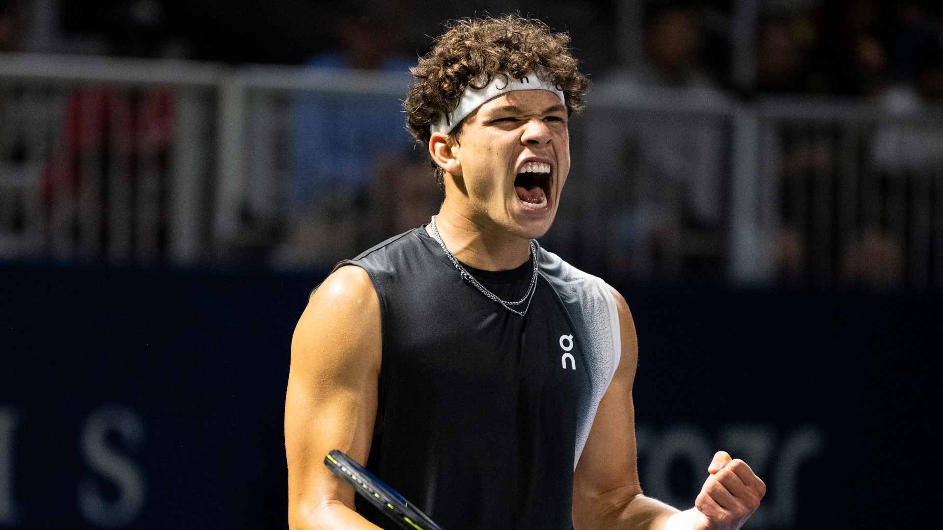 Ben Shelton celebrates during his first-round win over Bernabe Zapata Miralles on Tuesday evening in Toronto.