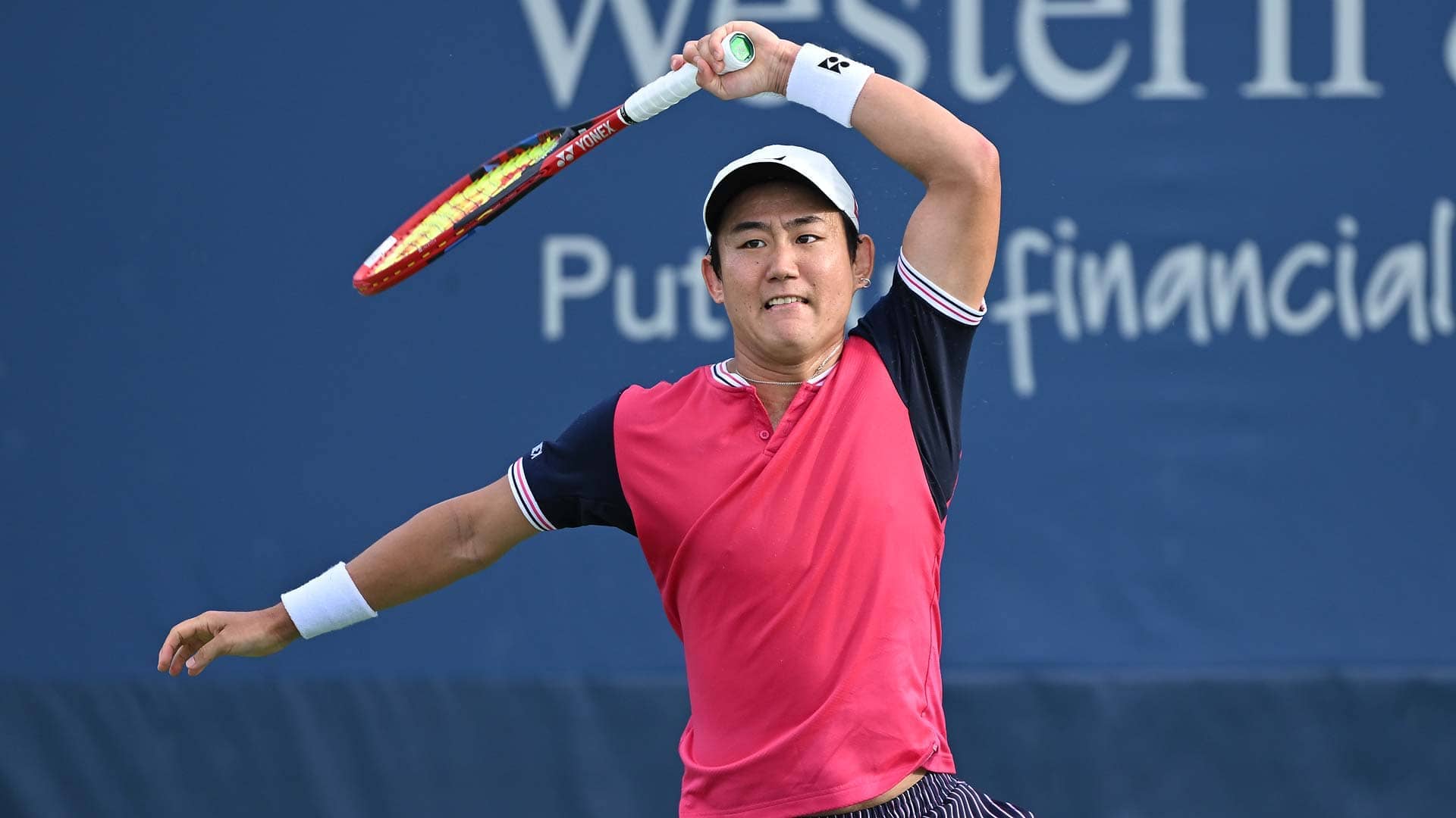 Yoshihito Nishioka en route to first-round victory against Gregoire Barrere on Sunday in Cincinnati.