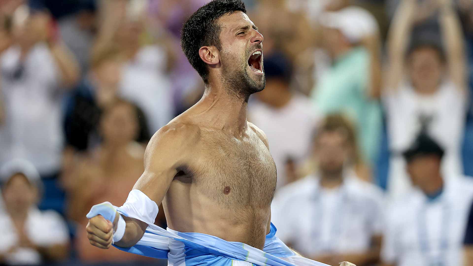 Novak Djokovic celebrates his epic win over Carlos Alcaraz in the 2023 Cincinnati final.