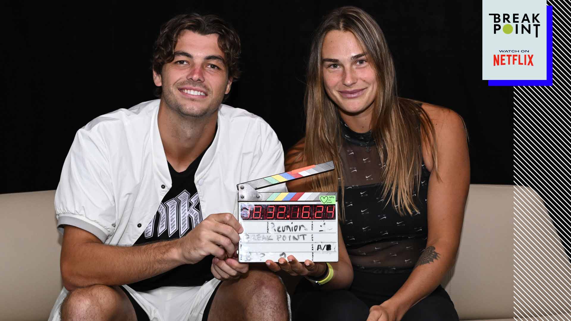 <a href='https://www.atptour.com/en/players/taylor-fritz/fb98/overview'>Taylor Fritz</a> and Aryna Sabalenka at the Netflix Break Point reunion in Cincinnati.