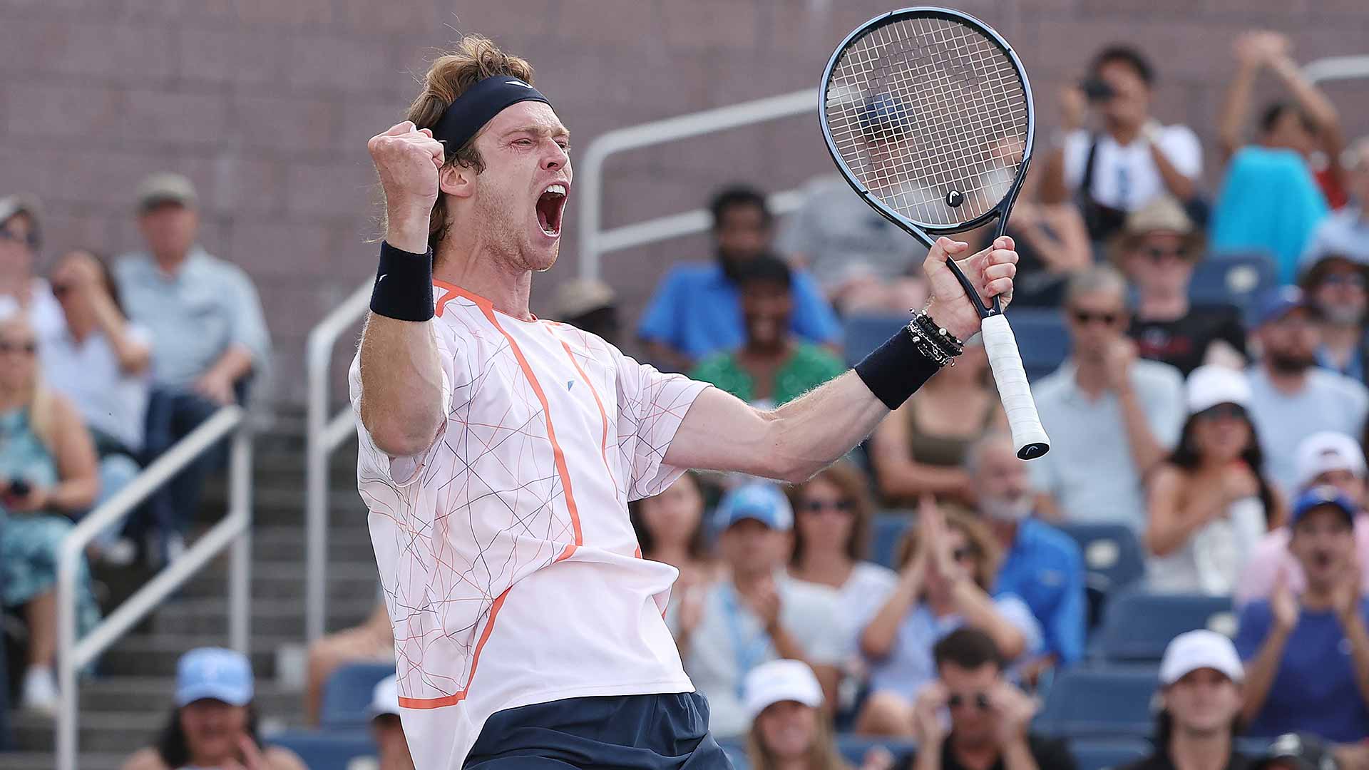 Andrey Rublev celebrates his passage to the fourth round of the US Open for the fourth time in the past five years.