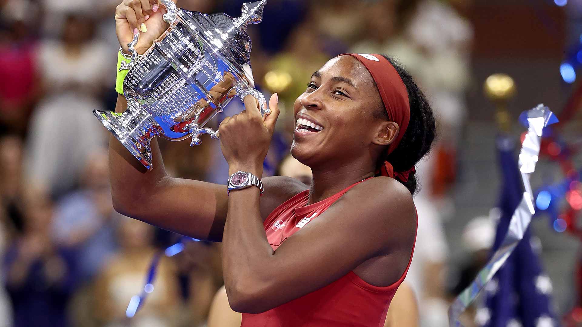 Coco Gauff celebrates her US Open victory on Saturday.