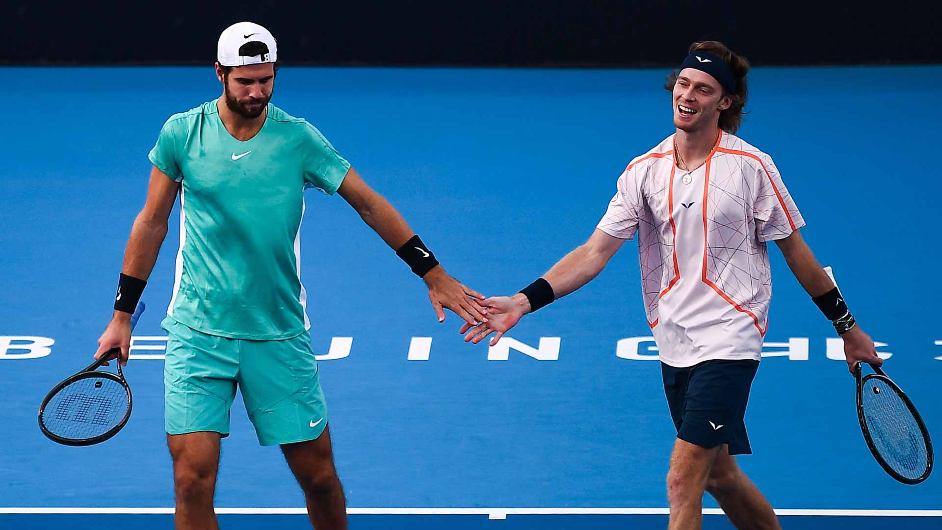 Karen Khachanov and Andrey Rublev in action at the ATP 500 event in Beijing.