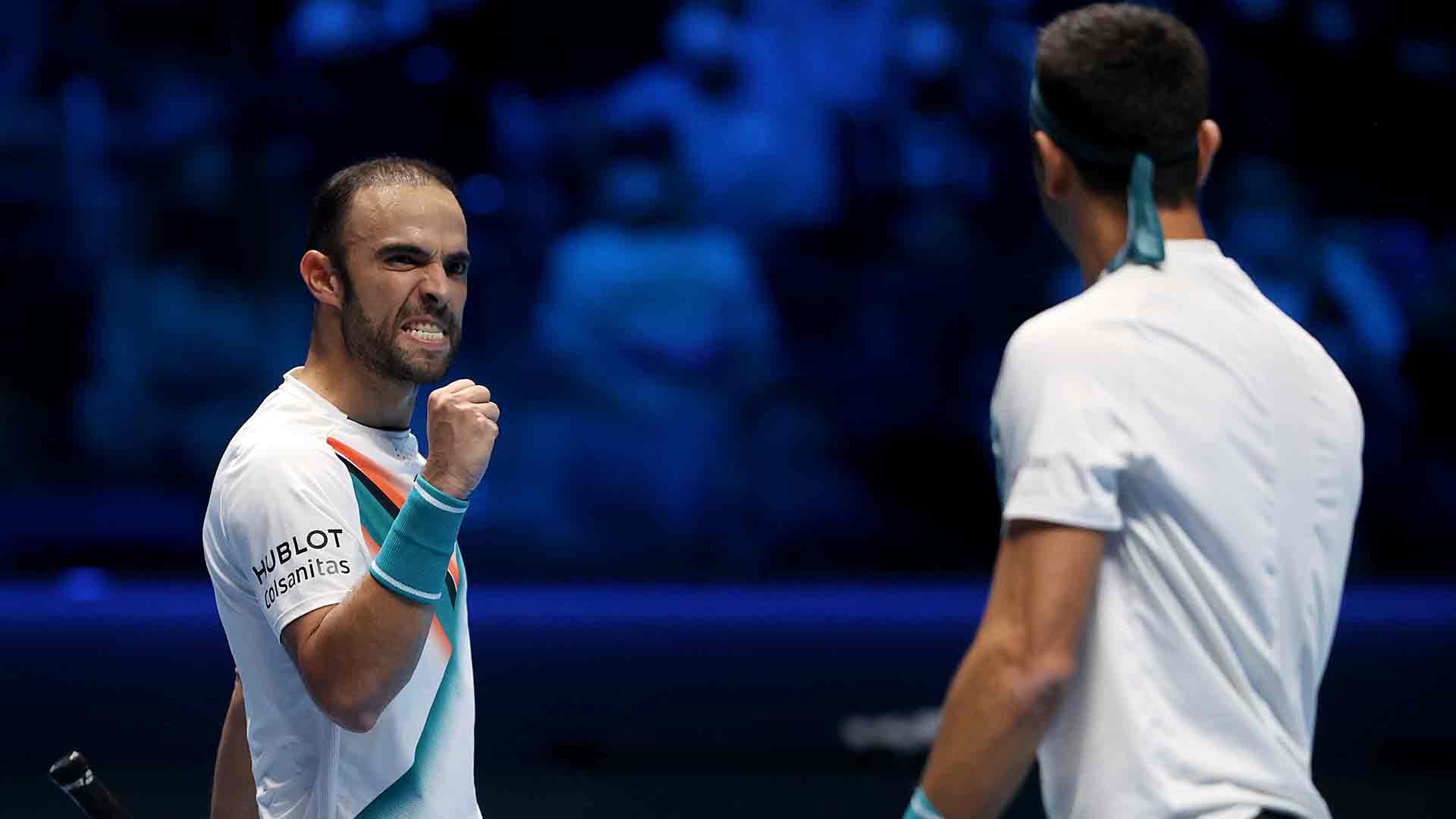 Juan Sebastián Cabal durante un partido en las Nitto ATP Finals junto a Robert Farah.
