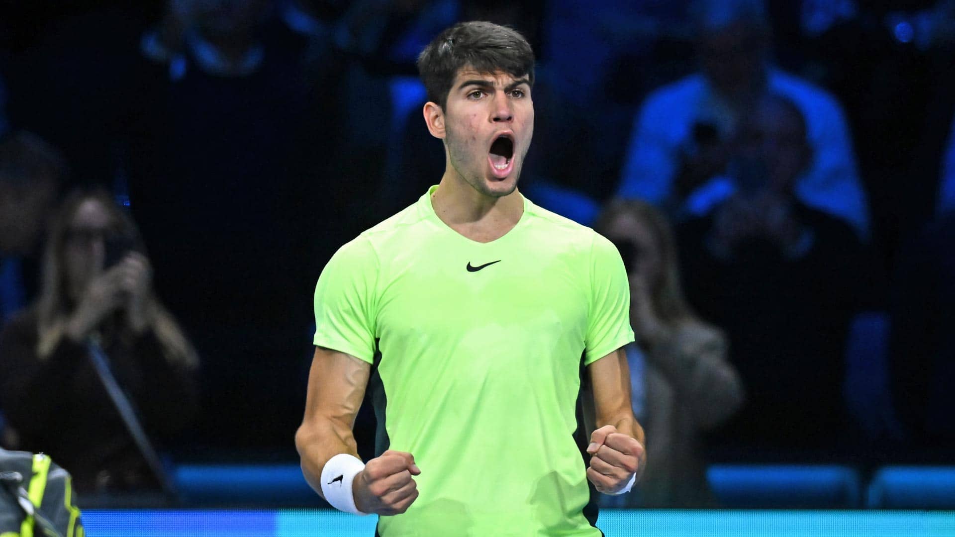 Carlos Alcaraz celebrates his first win at the Nitto ATP Finals after beating Andrey Rublev.
