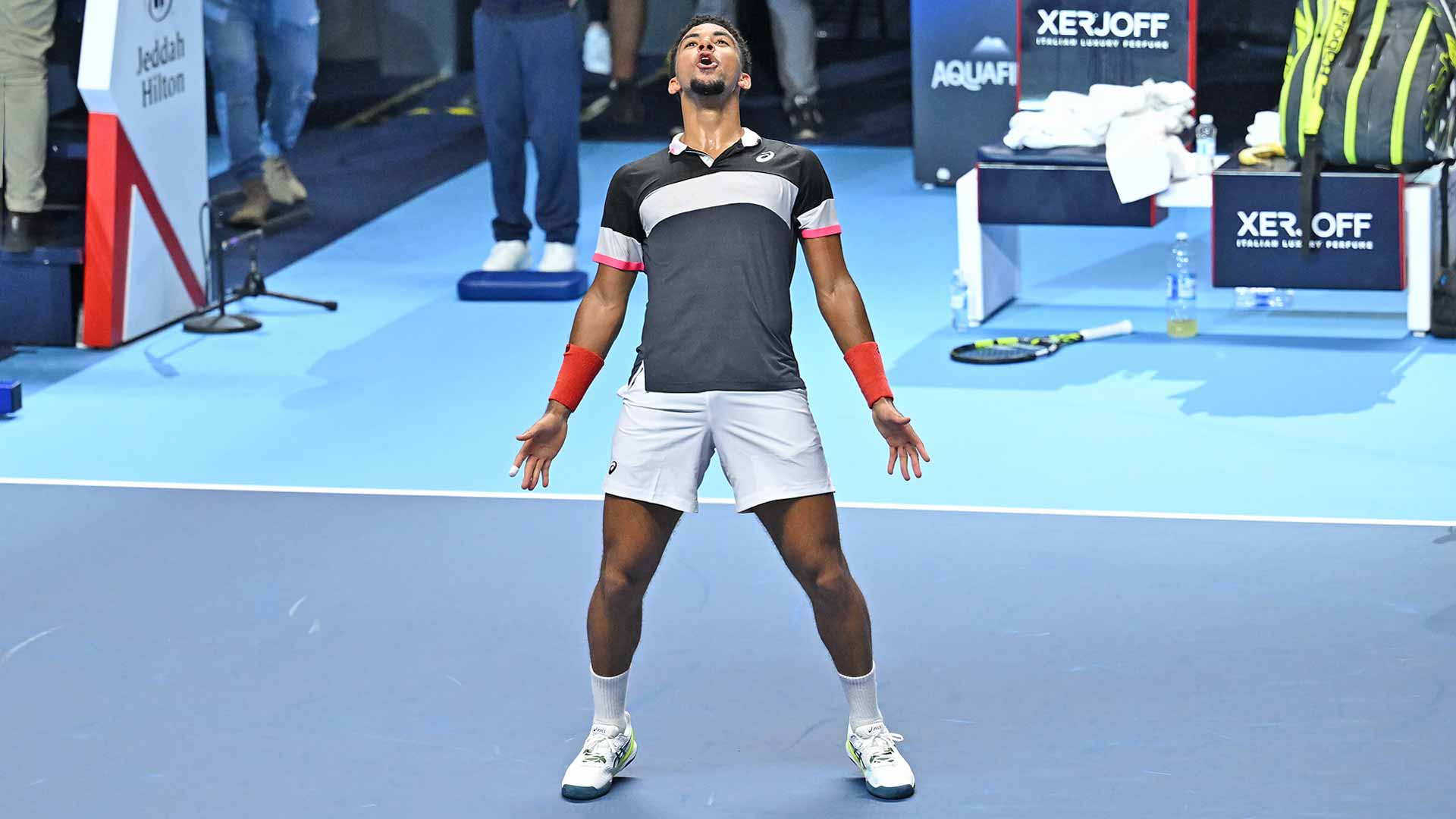 Arthur Fils does the 'Siu' after beating Dominic Stricker on Thursday in Jeddah.