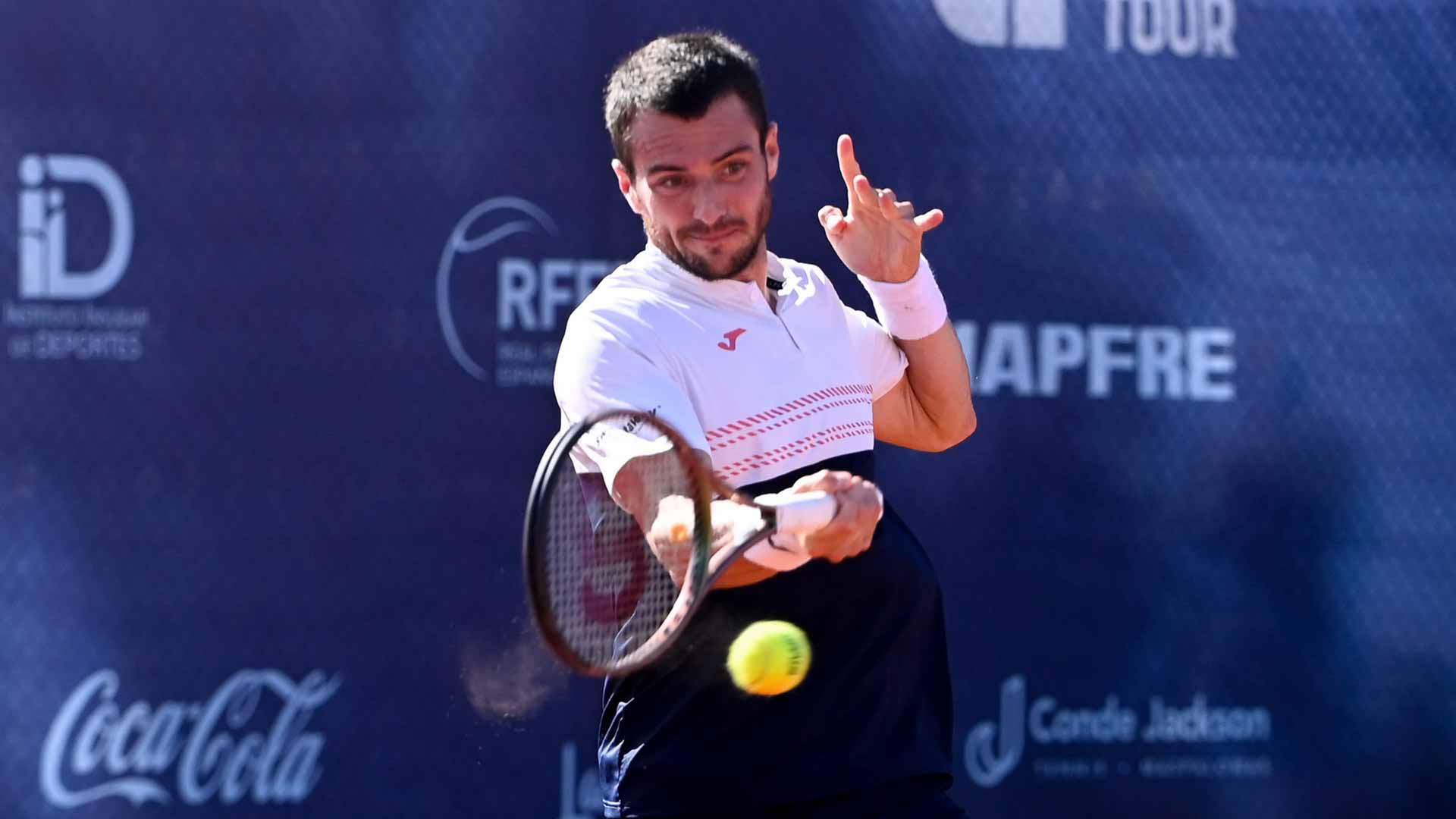 <a href='https://www.atptour.com/en/players/pedro-martinez/mo44/overview'>Pedro Martinez</a> in action at the Maspalomas Challenger, where he won his fifth title at that level.