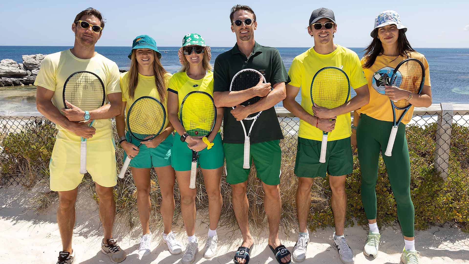 Matt Ebden, Ellen Perez, Storm Hunter, John Millman, Alex de Minaur and Ajla Tomljanovic of Team Australia pose at Rottnest Island ahead of the 2024 United Cup.