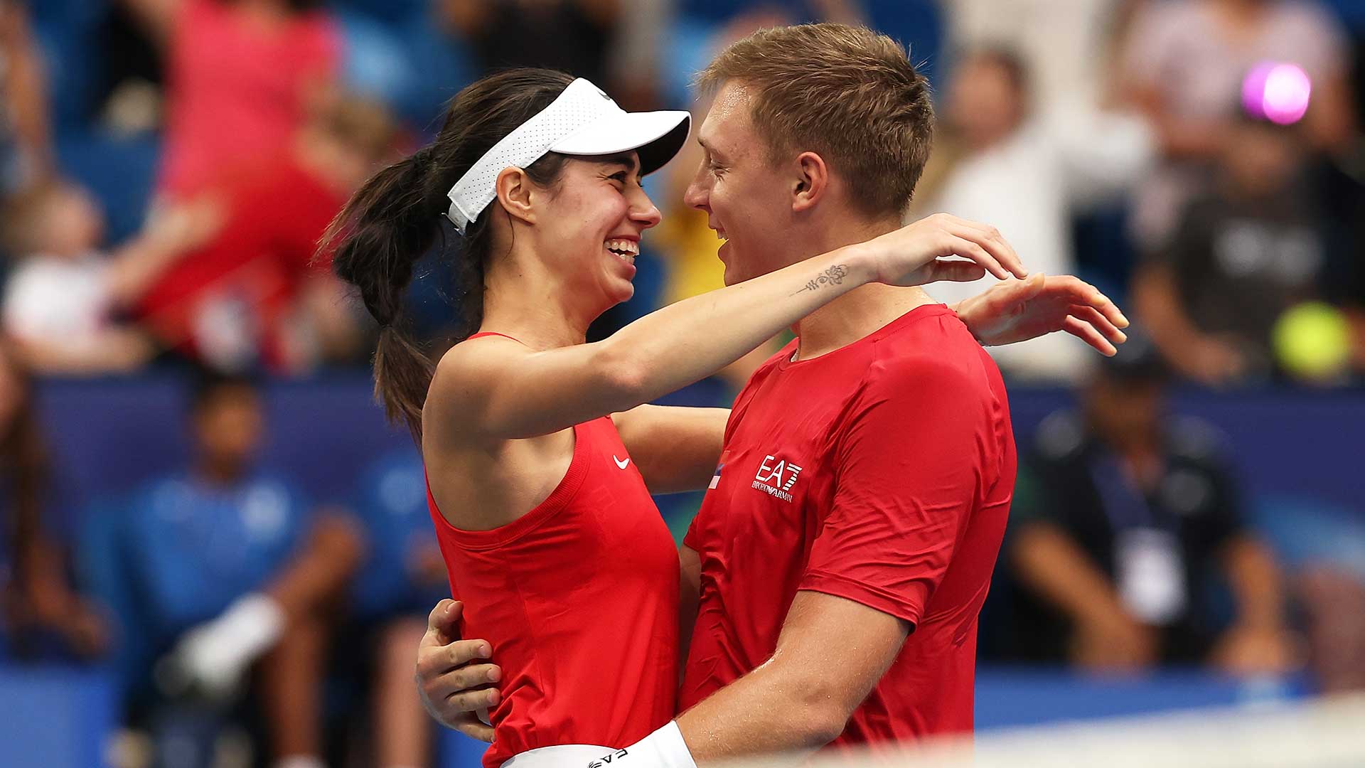 Olga Danilovic and Hamad Medjedovic celebrate their win for Serbia at the United Cup in Perth.