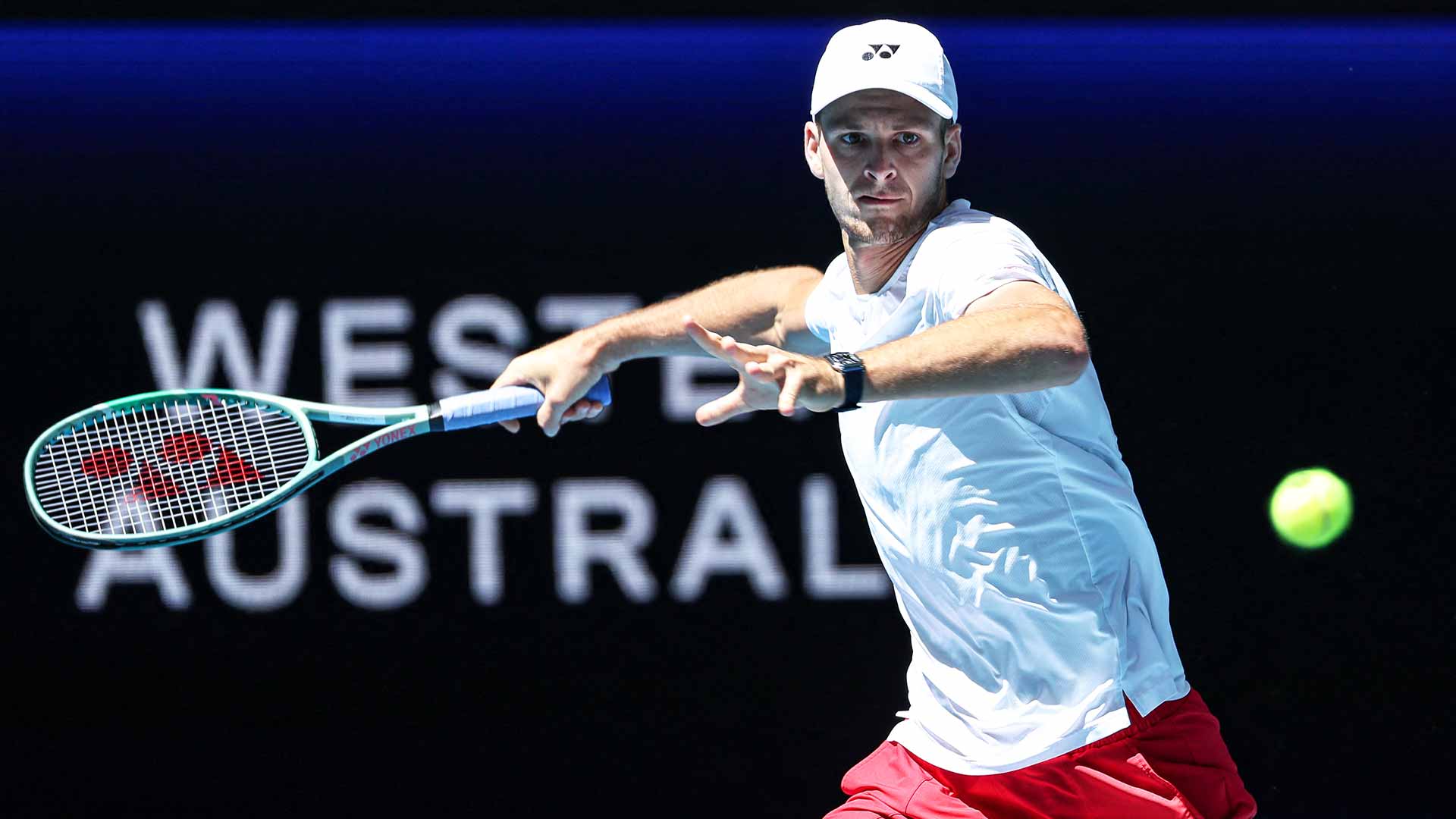 Hubert Hurkacz in action on Wednesday in Perth.