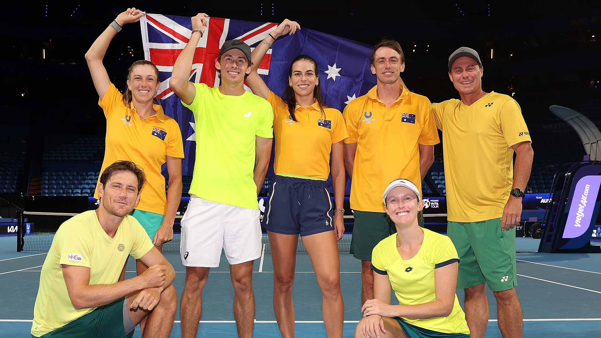 Team Australia celebrates in Perth after beating Serbia to reach the United Cup semi-finals.