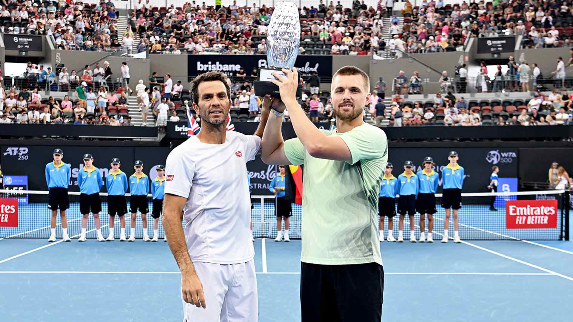 Jean-Julien Rojer and Lloyd Glasspool celebrate winning Brisbane.