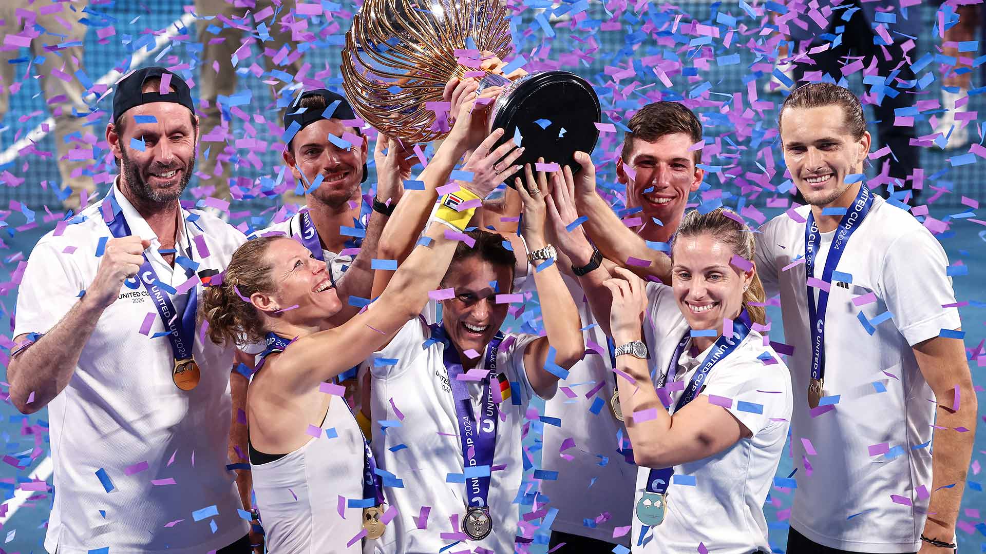 Team Germany celebrates with the 2024 United Cup.