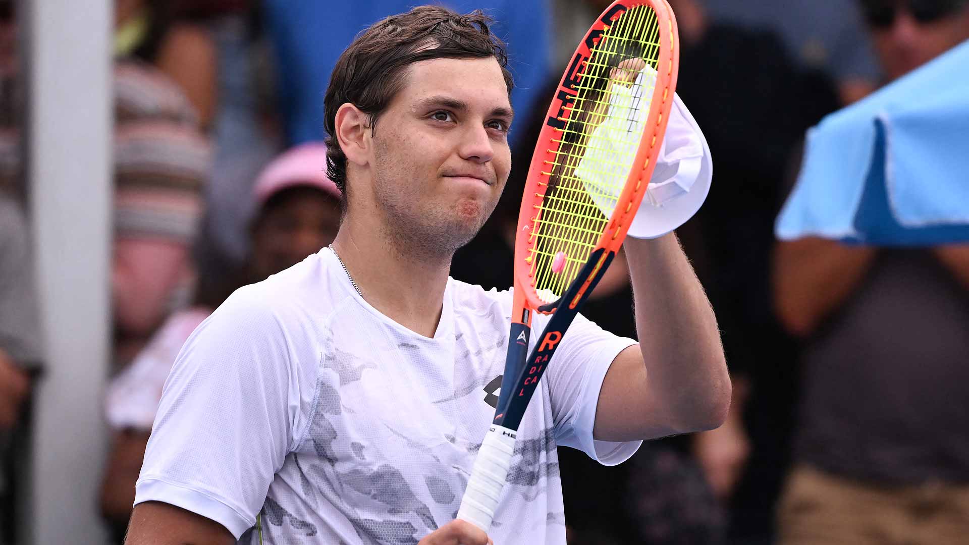 Pavel Kotov celebrates his first major main draw win in Melbourne.