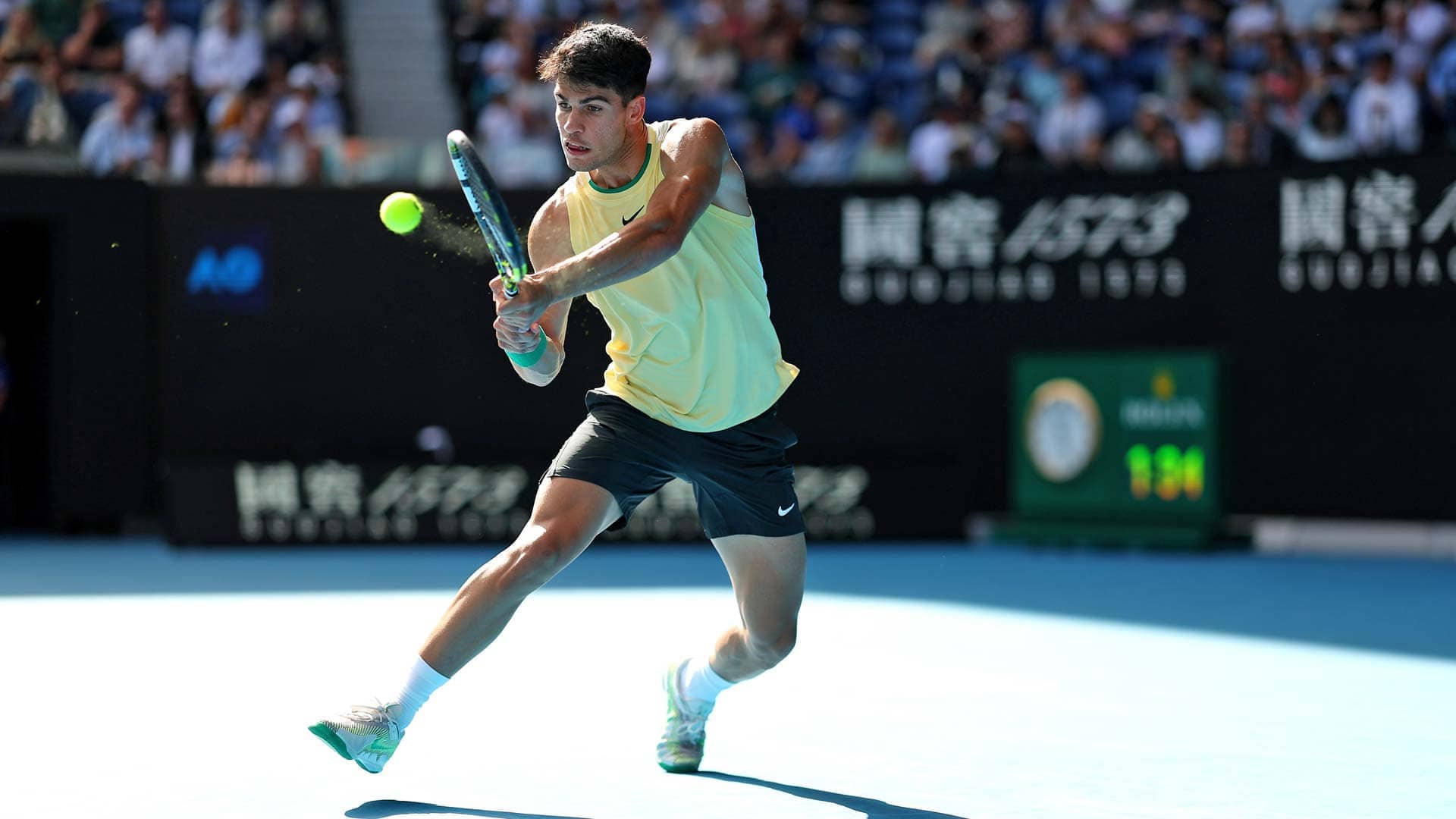 Carlos Alcaraz continues his bid to win a Grand Slam title for the third consecutive year.