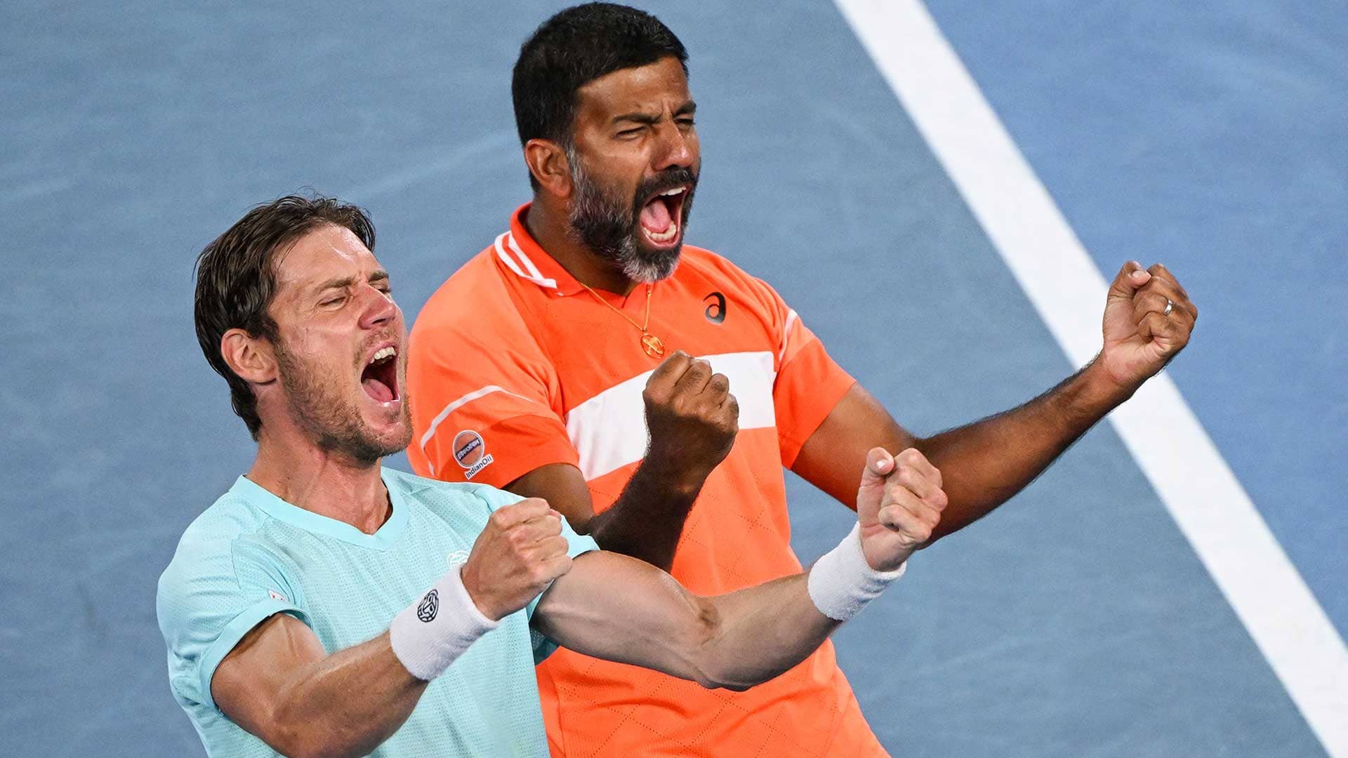Matthew Ebden and Rohan Bopanna celebrate on Saturday at the Australian Open.
