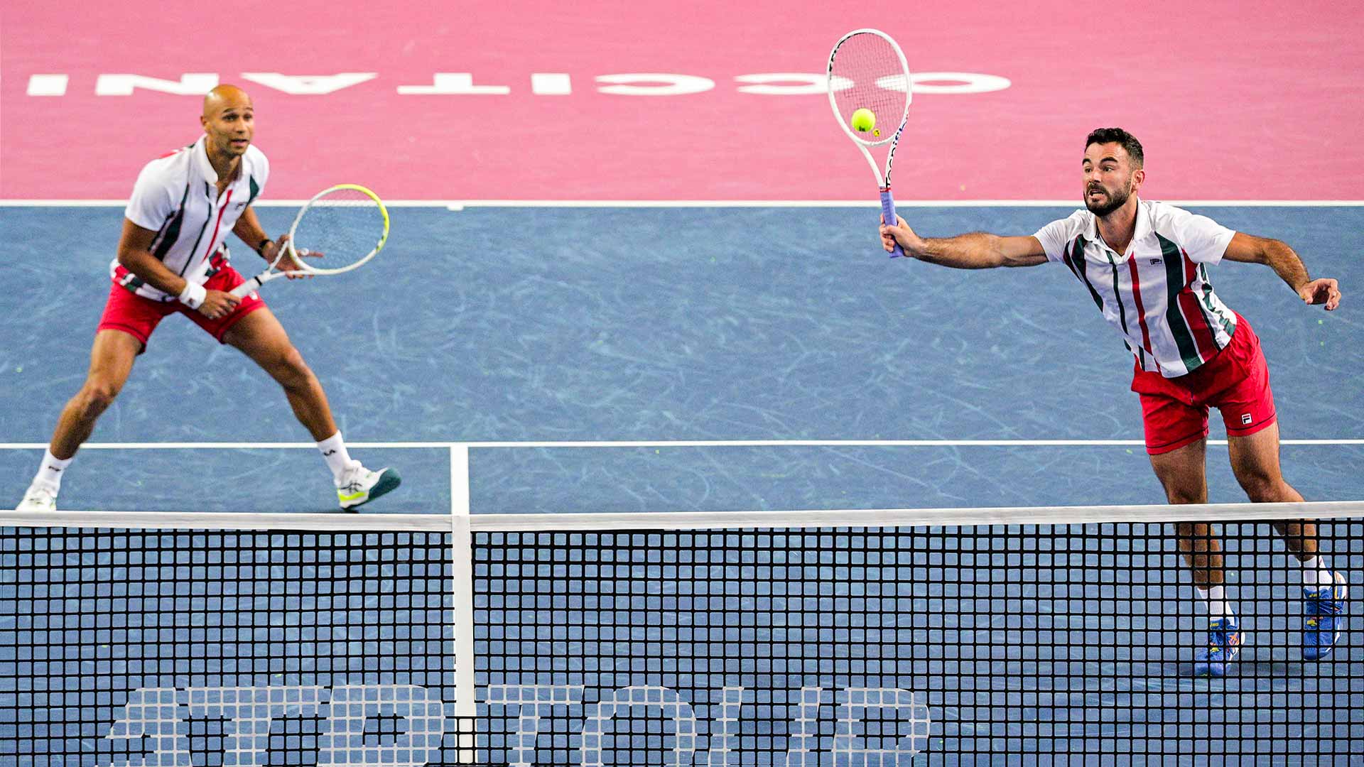 Sadio Doumbia and Fabien Reboul in action during Sunday's championship match at the Open Sud de France.