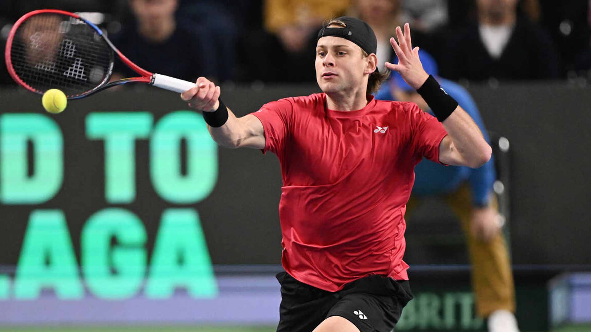 Belgium's Zizou Bergs in action against Serbia's Duje Ajdukovic on Sunday during the Davis Cup Qualifiers.