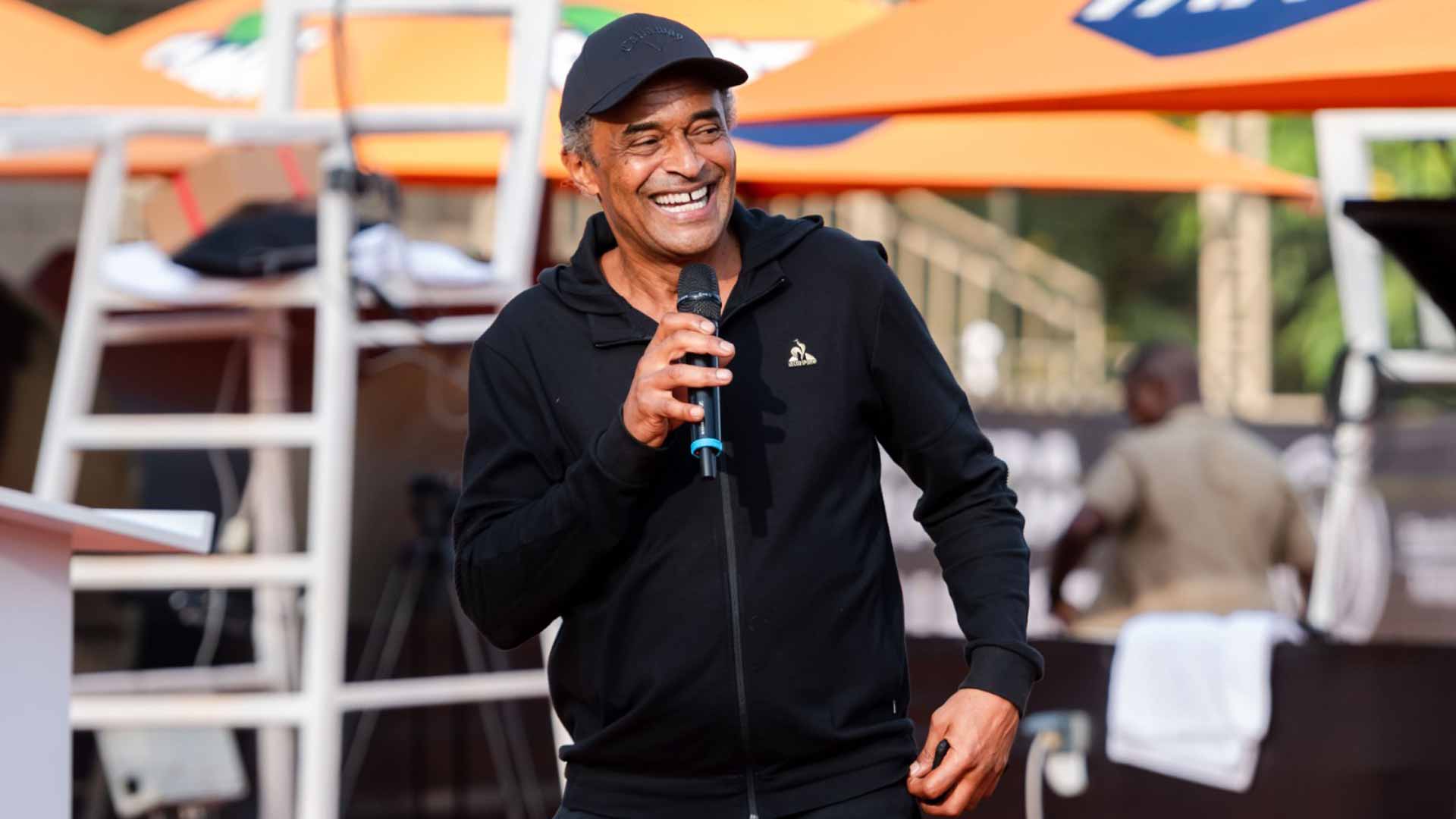 <a href='https://www.atptour.com/en/players/yannick-noah/n022/overview'>Yannick Noah</a> at the Rwanda Challenger trophy ceremony.