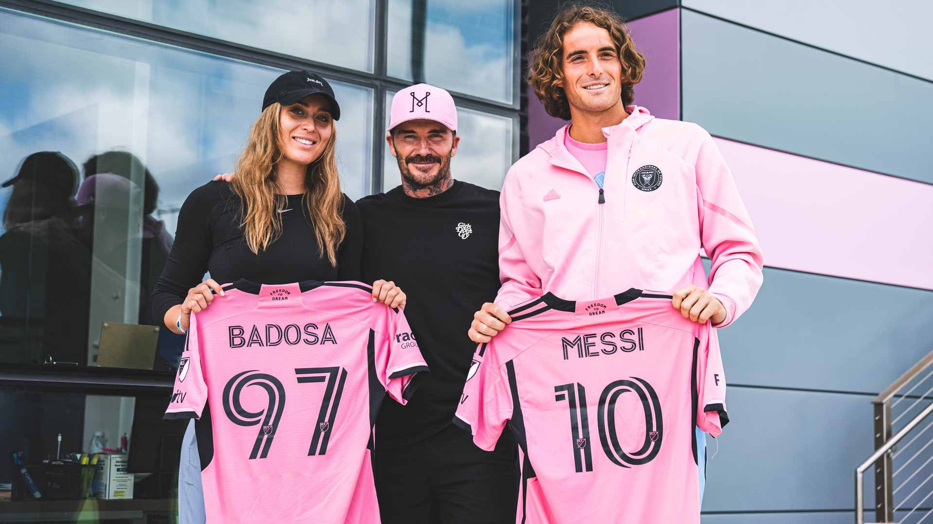 Paula Badosa and Stefanos Tsitsipas pose for a photo with football legend David Beckham.
