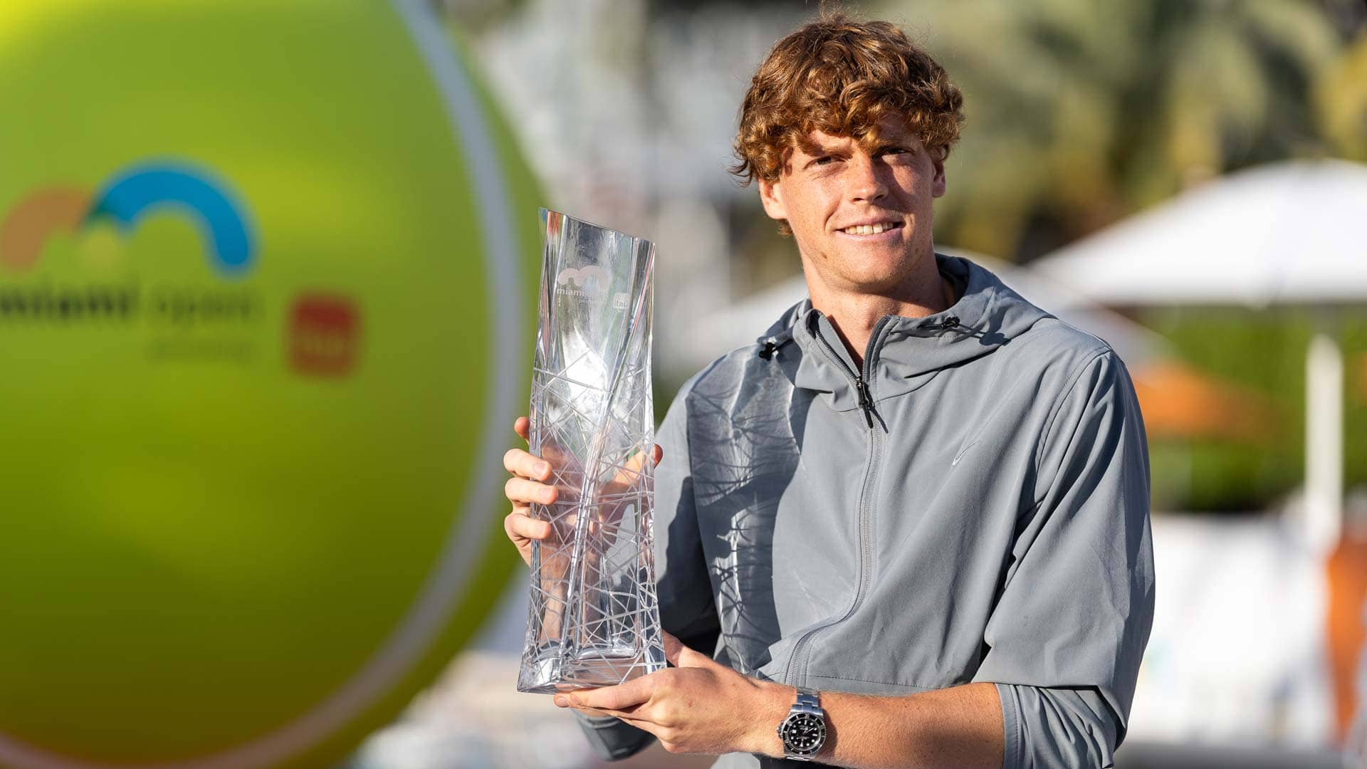 Jannik Sinner poses with his maiden Miami title.