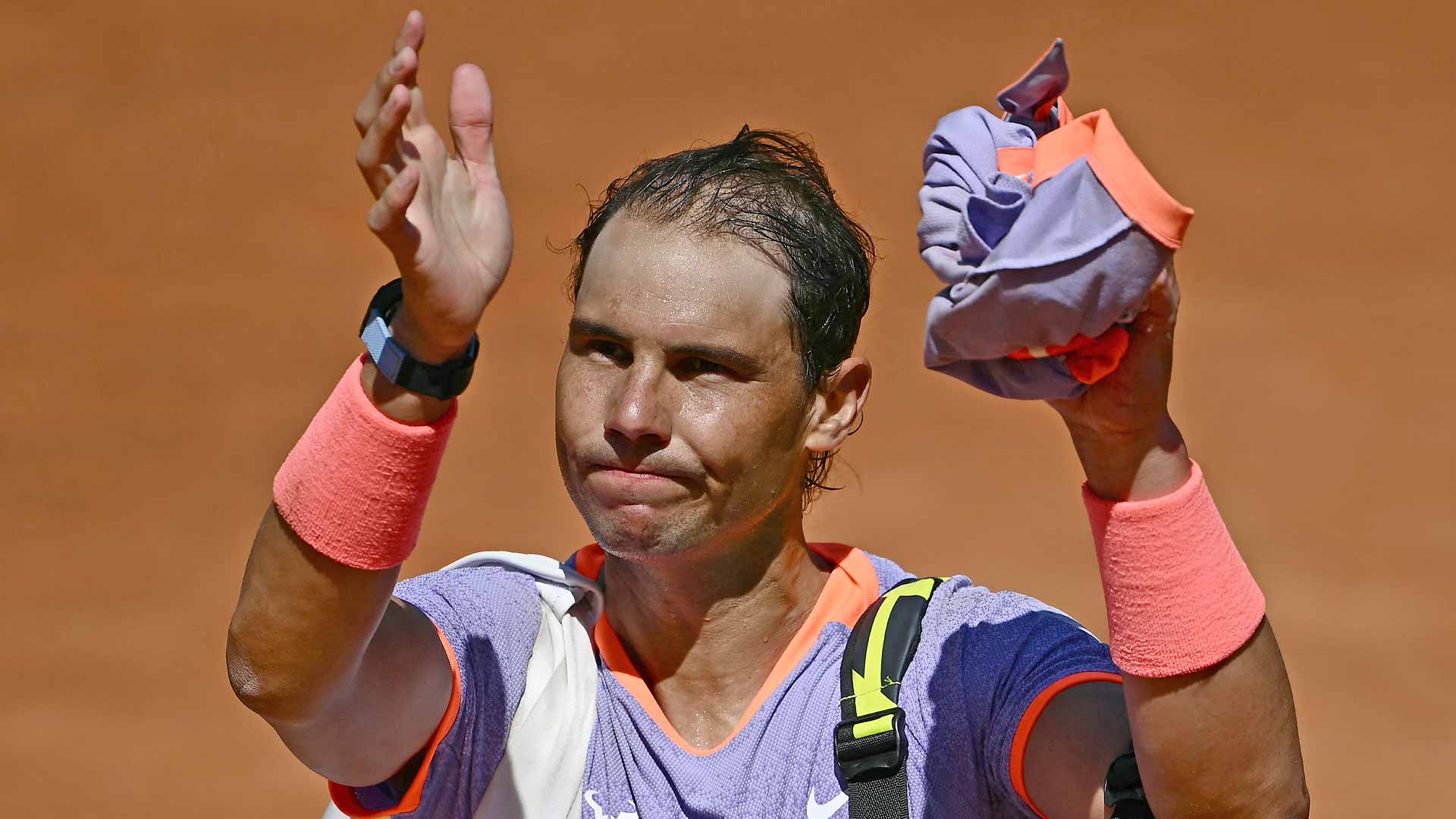 Rafael Nadal salutes the Rome crowd after his second-round defeat to Hubert Hurkacz at the Internazionali BNL d'Italia.