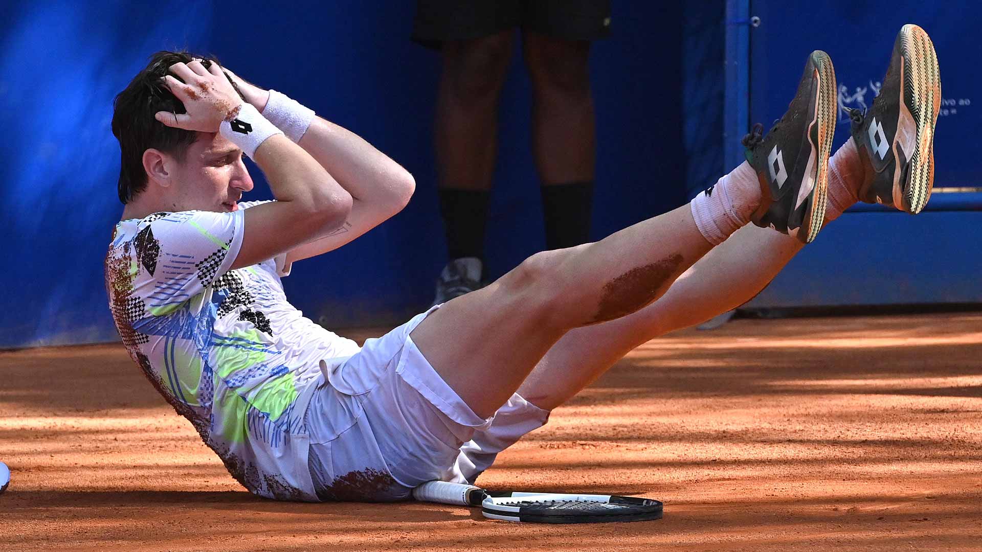 Alejo Lorenzo Lingua Lavalle reacts to winning his first Challenger title in Santos, Brazil.