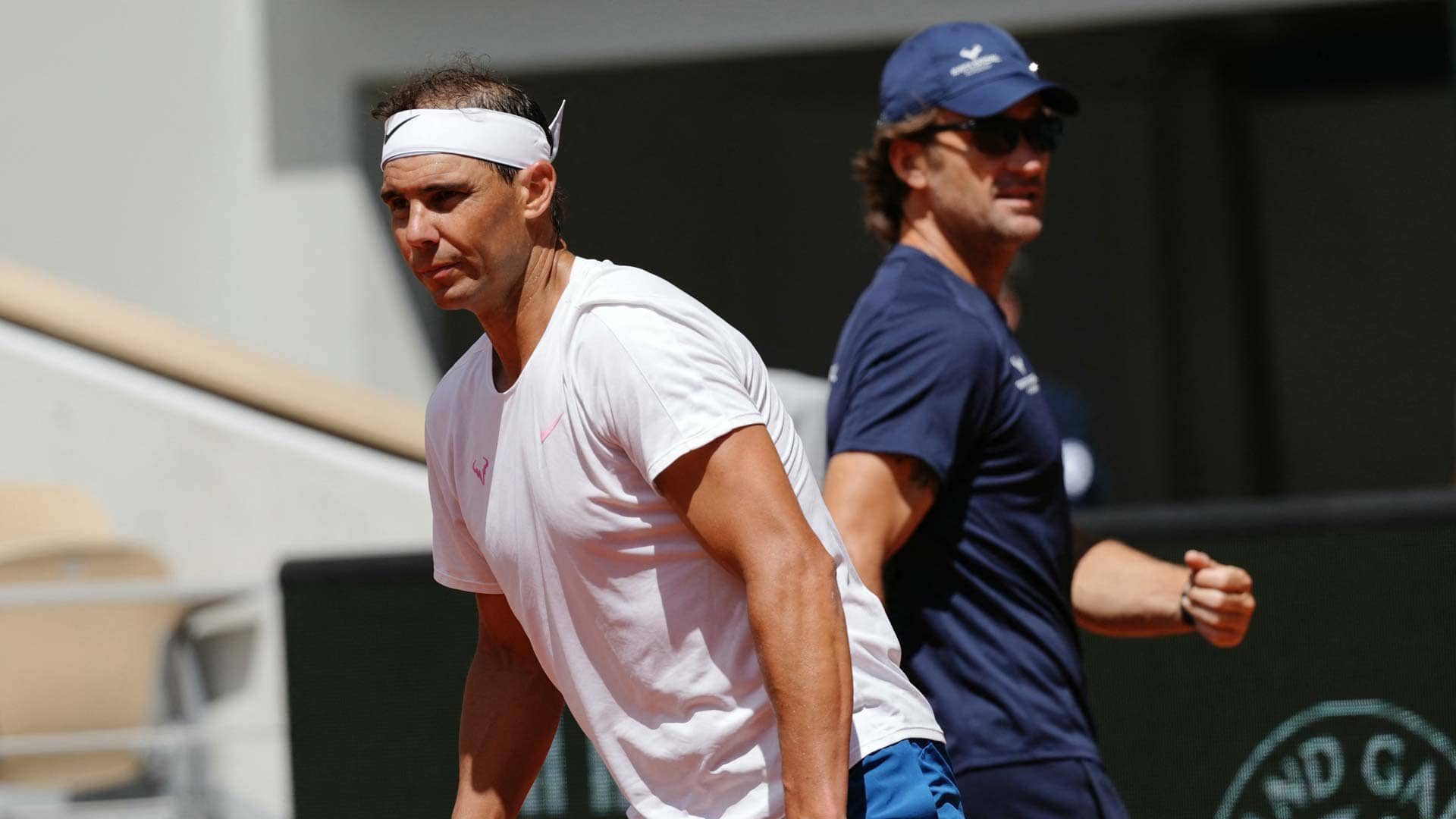 Rafael Nadal and Carlos Moya at practice before Roland Garros.