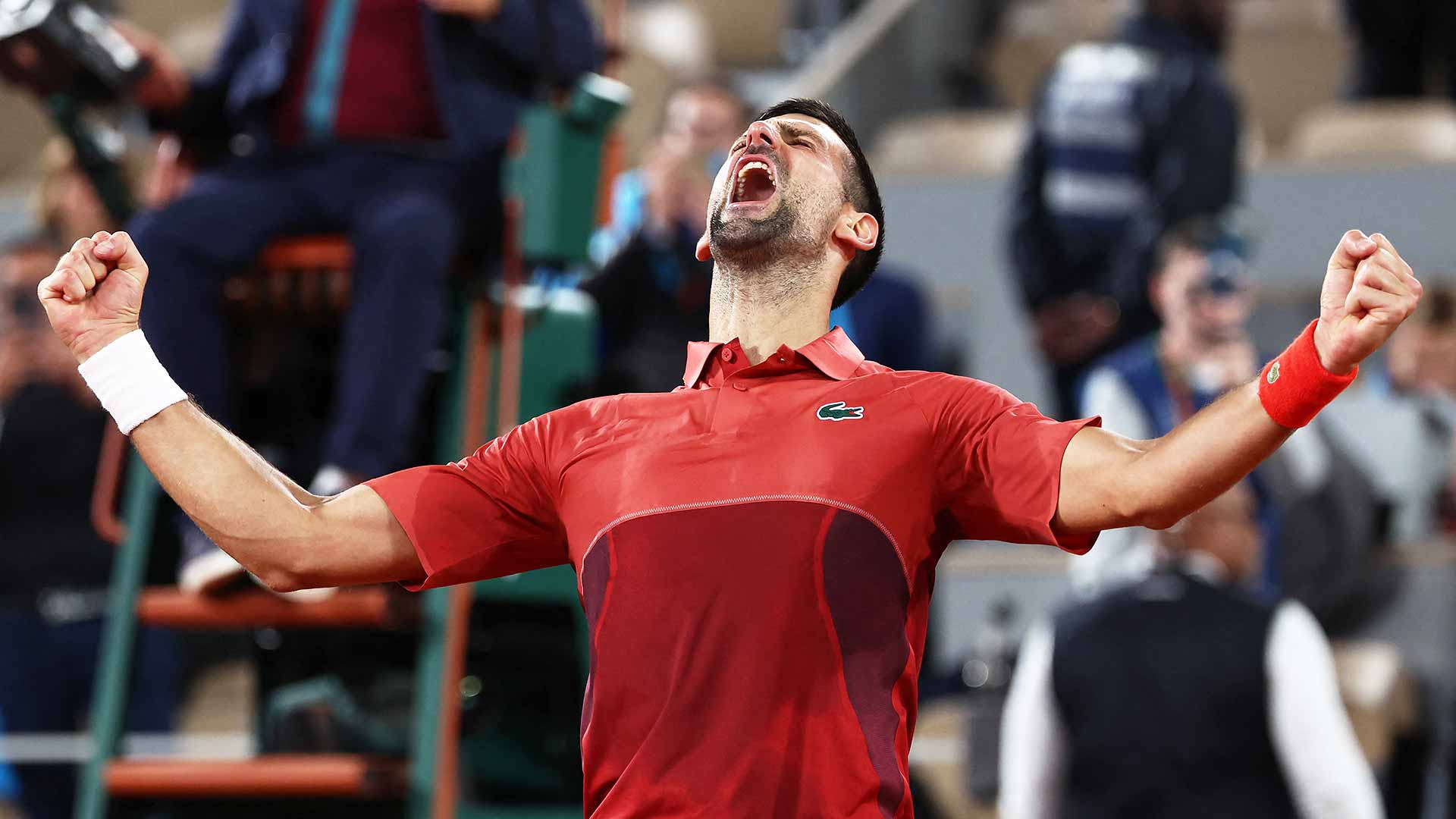 <a href='https://www.atptour.com/en/players/novak-djokovic/d643/overview'>Novak Djokovic</a> celebrates his five-set comeback win after 3:00 a.m. win over <a href='https://www.atptour.com/en/players/lorenzo-musetti/m0ej/overview'>Lorenzo Musetti</a>.