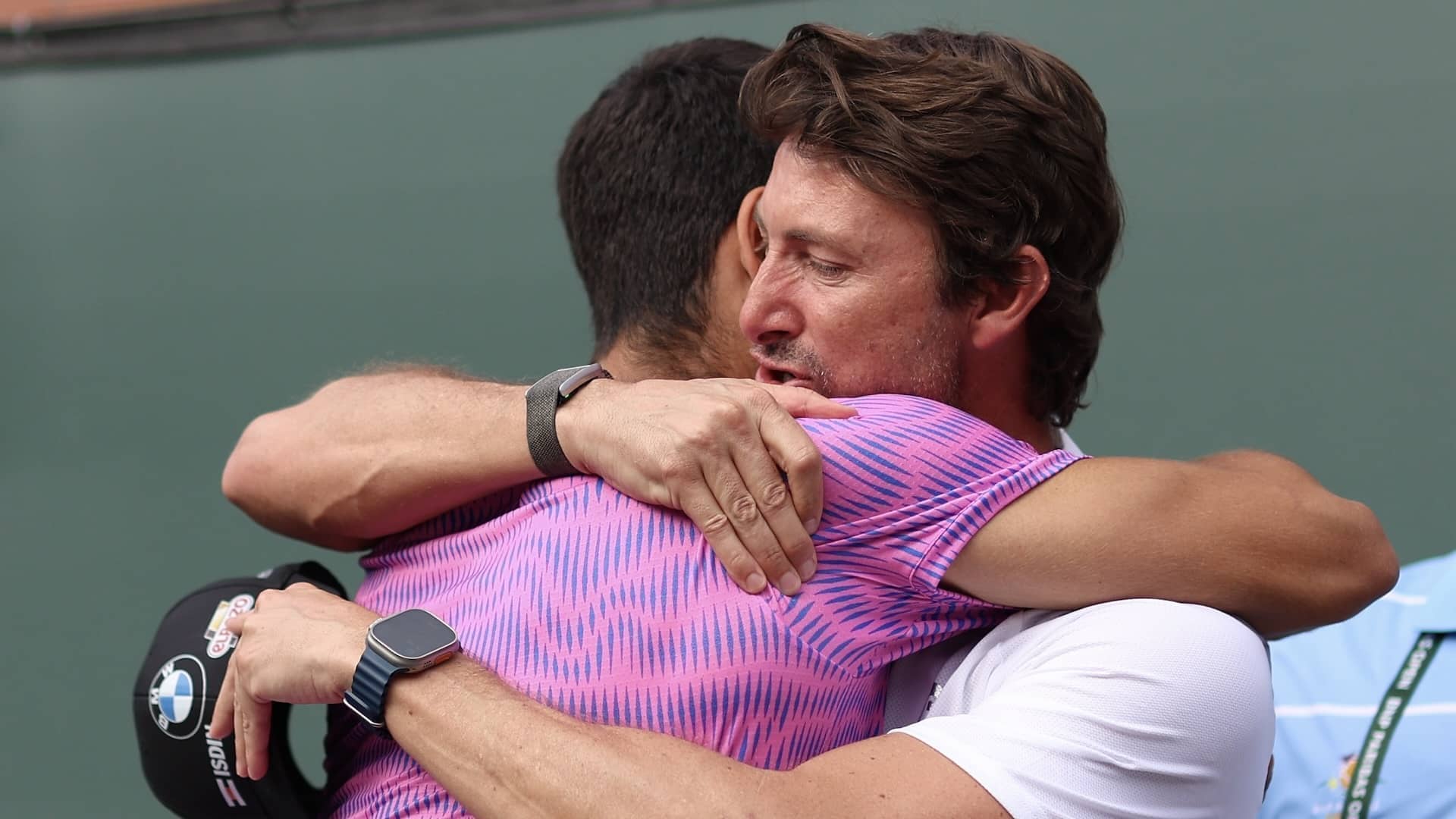 Juan Carlos Ferrero celebrated with Carlos Alcaraz following the Indian Wells final earlier this year.