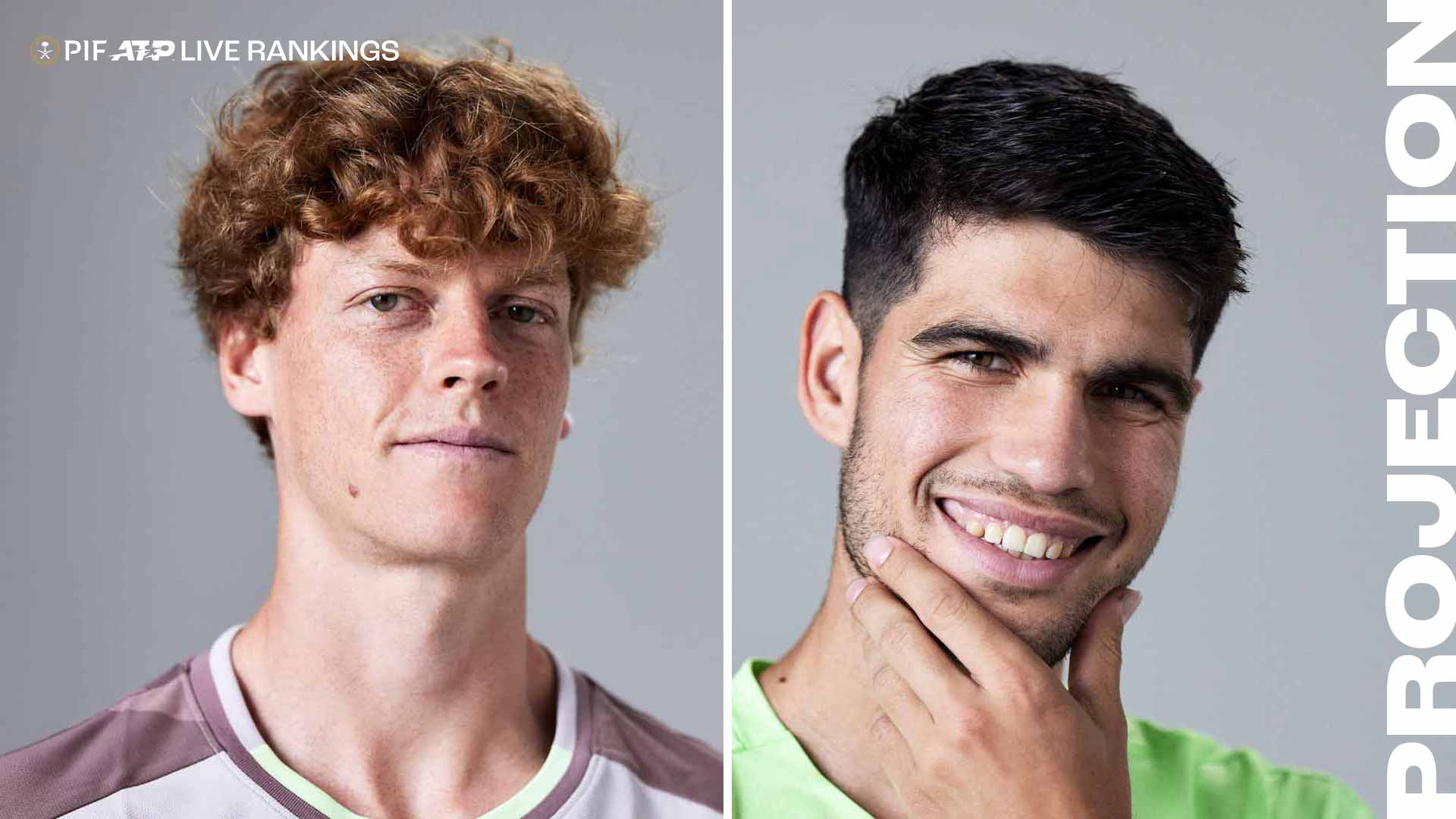 Jannik Sinner and Carlos Alcaraz are No. 1 and No. 3 in the PIF ATP Live Rankings, respectively.