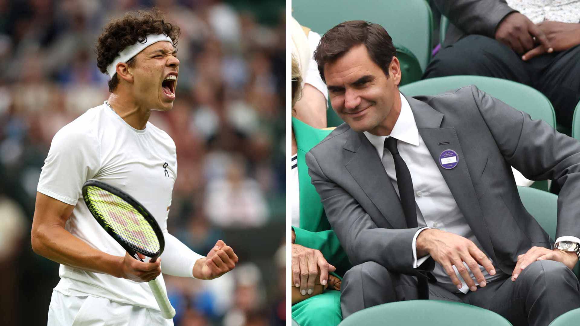 Ben Shelton defeats Denis Shapovalov with Roger Federer in the stands.